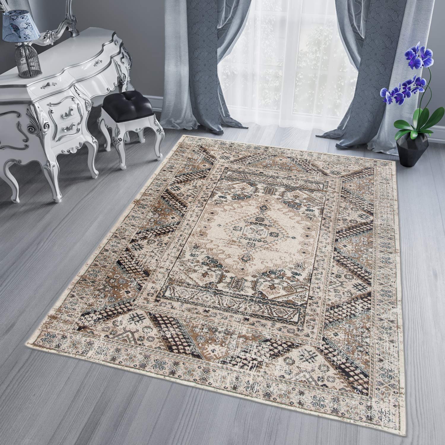TAPISO Dubai Tapis Poil Court Traditionnel Crème Beige Bleu Motif Vitre Ornamental Bordure Moucheté Tapis Salon Chambre Salle à Manger Bureau Oeko-TEX Résistant 140 x 200 cm