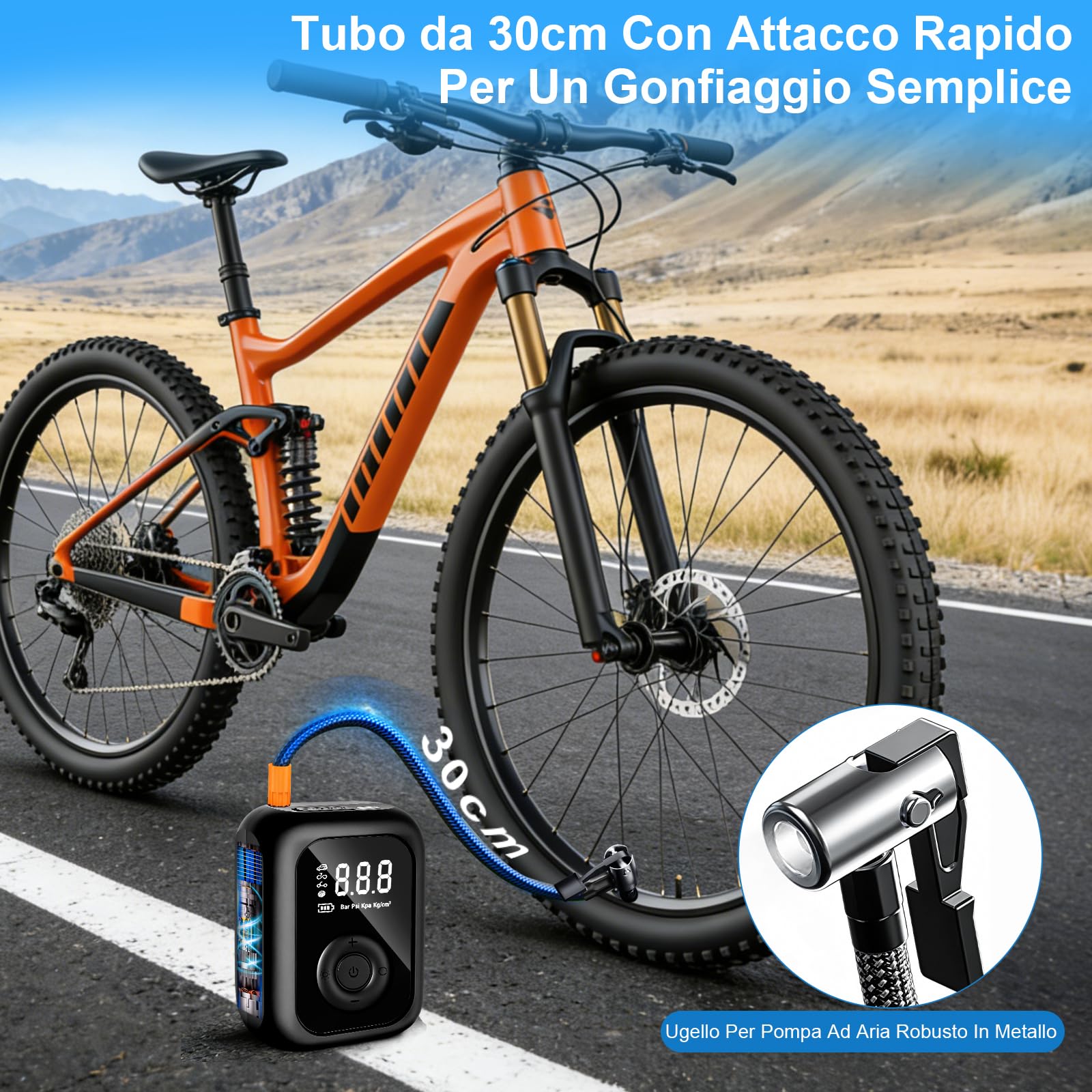 Compressore Aria Portatile,150PSI Pompa Elettrica per Bicicletta, Mini Compressore Bici con Schermo LED Digitale e Illuminazione LED,Gonfiatore Elettrico Portatile per Bici, Auto e Moto
