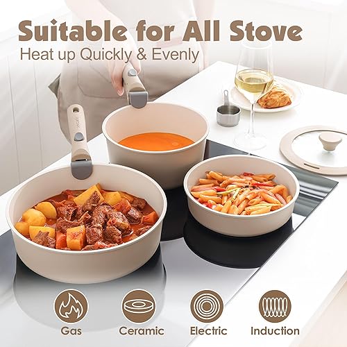 Miniatura 6 de SENSARTE Juego de ollas y sartenes de cerámica de 17 piezas, antiadherentes con mango desmontable, utensilios de cocina de inducción con mango