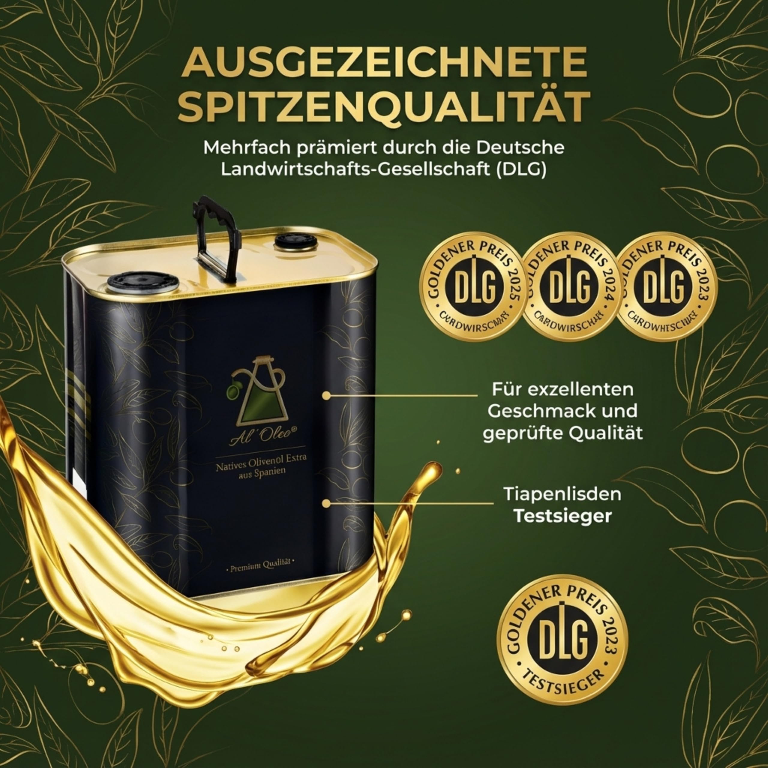 Al'Oleo Natives Olivenöl Extra 2,5 L Kanister – Ungefiltert & Kaltgepresst – 5 Global Awards Gewinner – Neue Ernte 2025/2026 Spanien – 1000-jährige Bäume – Hoher Polyphenolgehalt – Aloreña Oliven