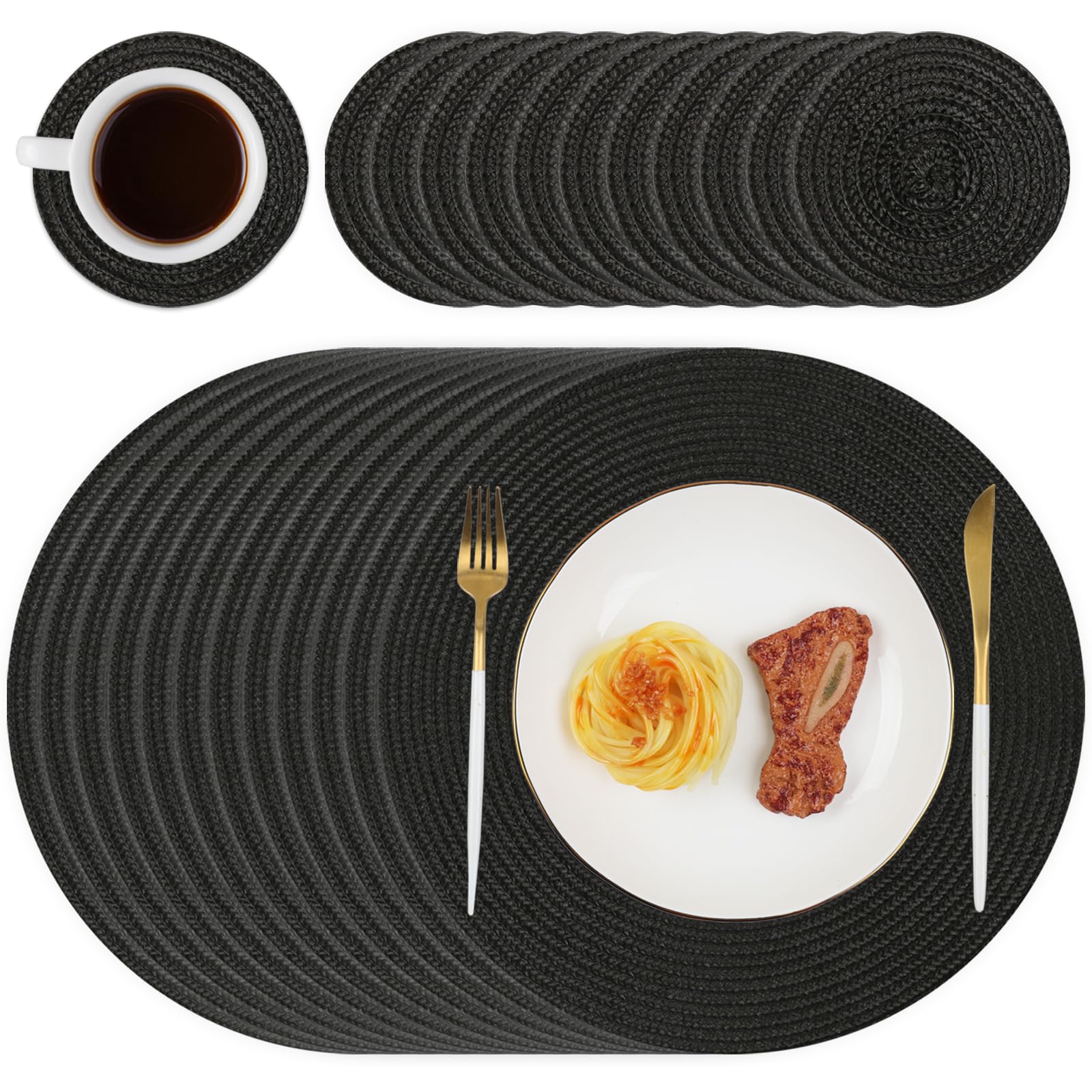 Homcomodar Round Placemats and Coasters Set of 12 Braided Woven Table Mats Washable Heat Resistant Place Mats for Tables Blue Placemats for Home Kitchen, Dining Table, Outdoor,34cm โ image 1
