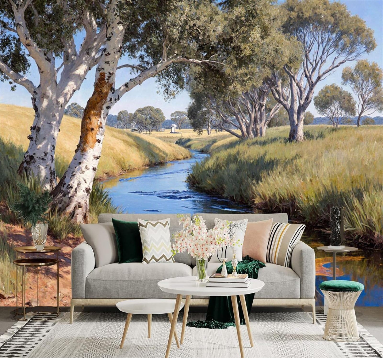 XLMING River Landscape Trees Blue Sky Green Grass 3D Wallpaper Silky Texture Home Study Office Grey Dining Room Sofa Bedroom Living Room TV Backdrop-150cm×105cm