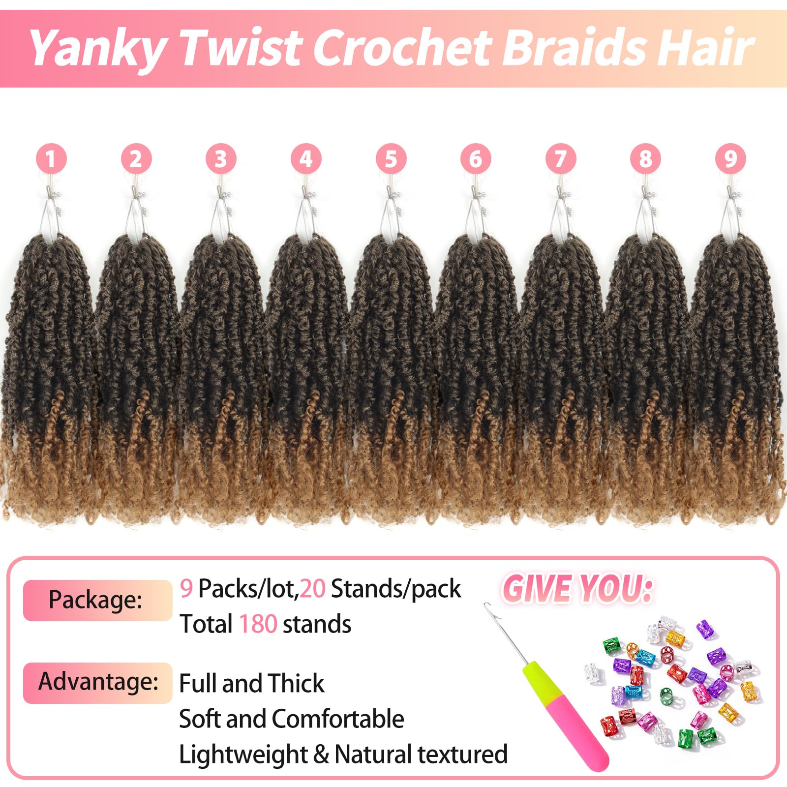 Alaleibaby 9 Packs Yanky Twist 12 inch Crochet Hair Pre-Twisted Curly Braiding Hair Extensions Pre-looped brown Yanky Twists Hair with Curls (T27# - Image 4