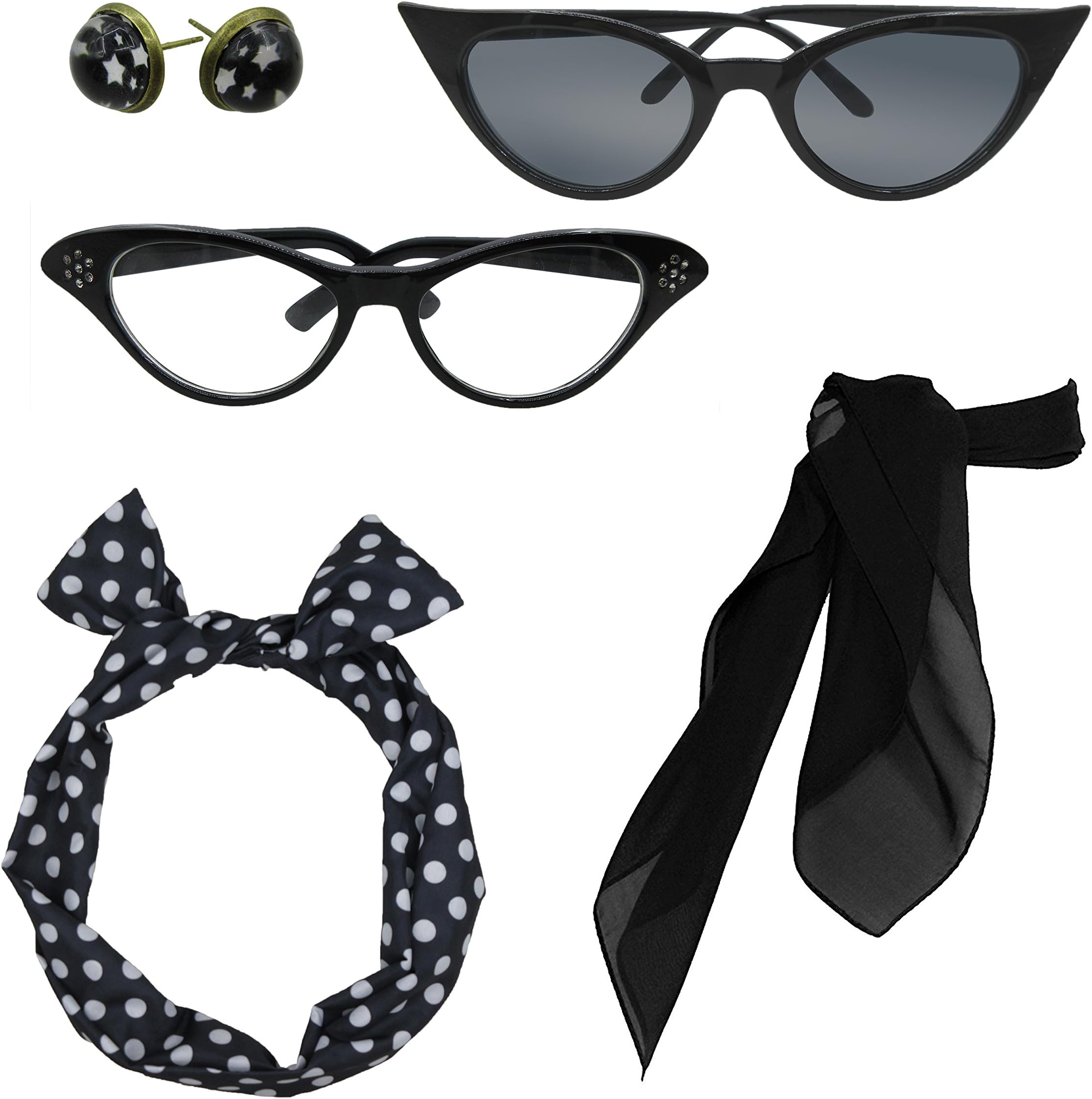 Retro 1950s Polka Dot Style Scarf Glasses Headband and Earrings Costume Accessories Set