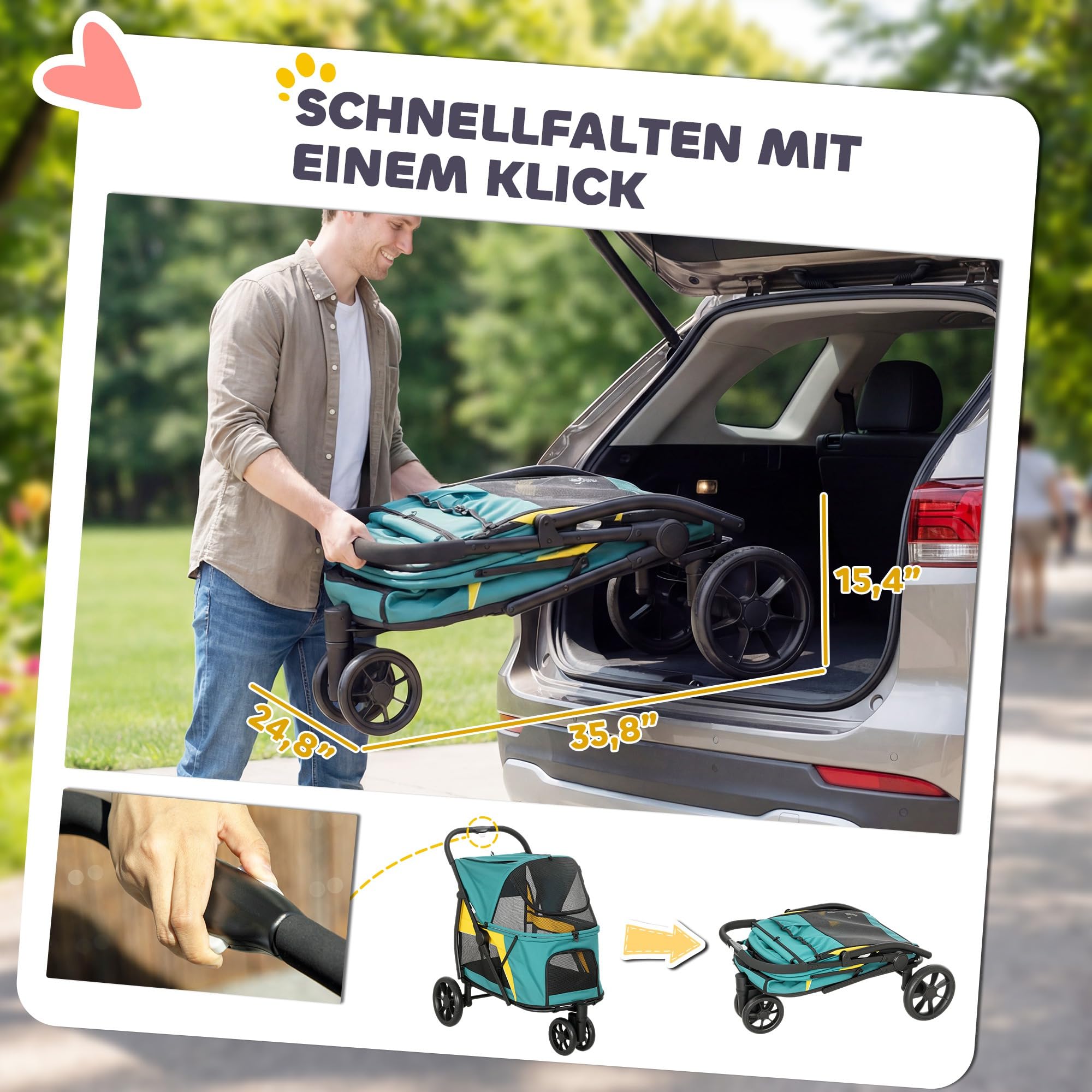PawHut Hundewagen Hundebuggy Faltbar Katzenwagen bis 20 kg mit waschbarem Kissen, Netzfenstern, 3 Räder, Tür, Rückentasche, Haustierbuggy für kleine mittelgroße Hunde, Dunkelgrün