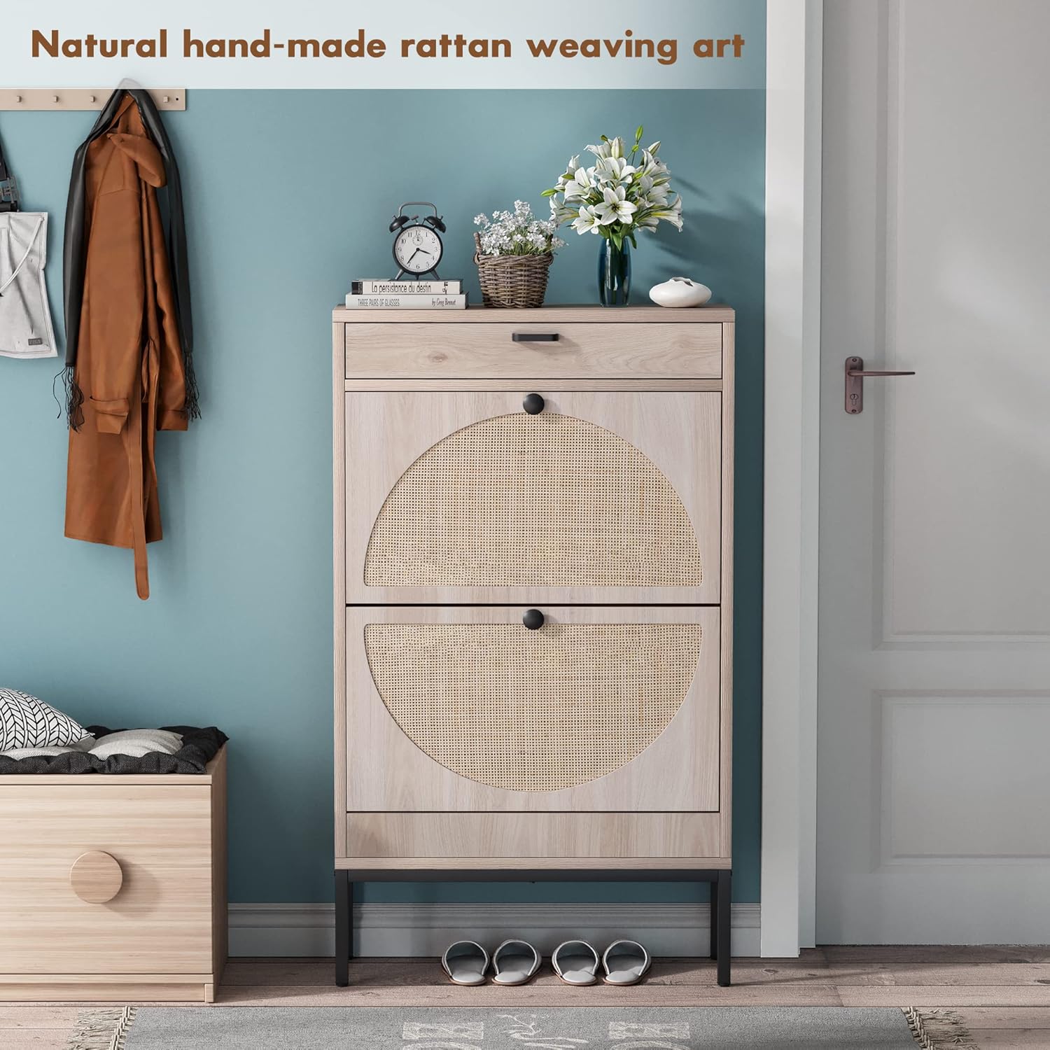 Brafab Shoe Storage Cabinet with 2 Flip Drawers&1 Small Drawer, Slim Entryway Shoe Organizer with with Adjustable Shelve, Half Round Woven Rattan Doors for Entryway（2 Pieces