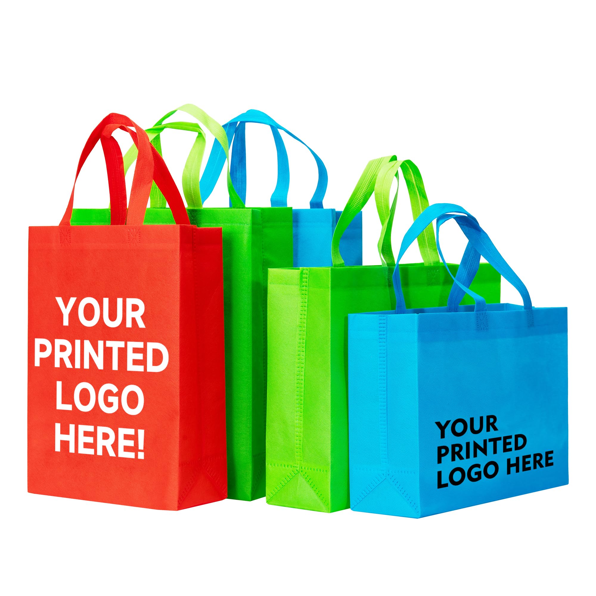 RACETOP 4 Different Sizes 100 Pack Custom Tote Bags, Custom Large Reusable Heavy Duty Tote Bags with Handle, with your Logo or Text