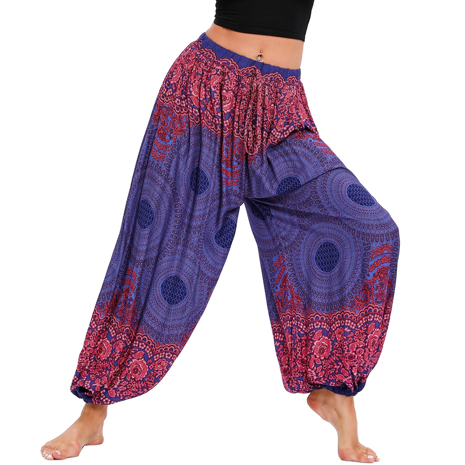 NuofengkuduWomen Baggy Lounge Pants Plus Size High Waisted Wide Leg Hippie Patterned Lounging Harem Trousers Yoga Drawstring Bottoms Pjamamas Bloomers Beachwear