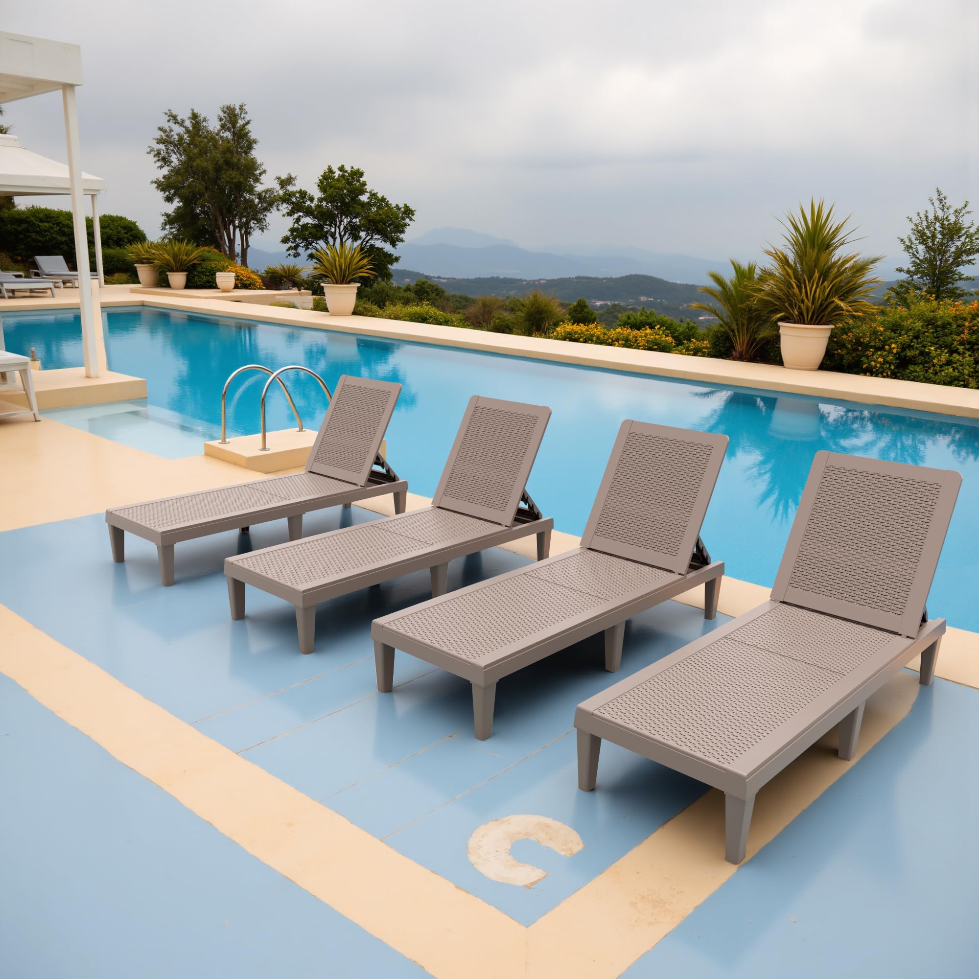 Greesum Outdoor Chaise Lounge Chairs Set of 4 with 5-Position Adjustable Backrest, Waterproof PP Sun Loungers for Garden Pool Beach Patio Deck Sunbathing, Light Coffee
