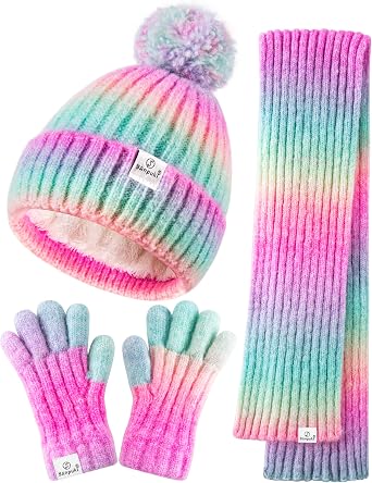 Kids Winter Beanie Gloves Scarf Set,Girls Toddler Winter Hat With Pom Neck Warmer Gaiter Mittens Fleece Lined Set