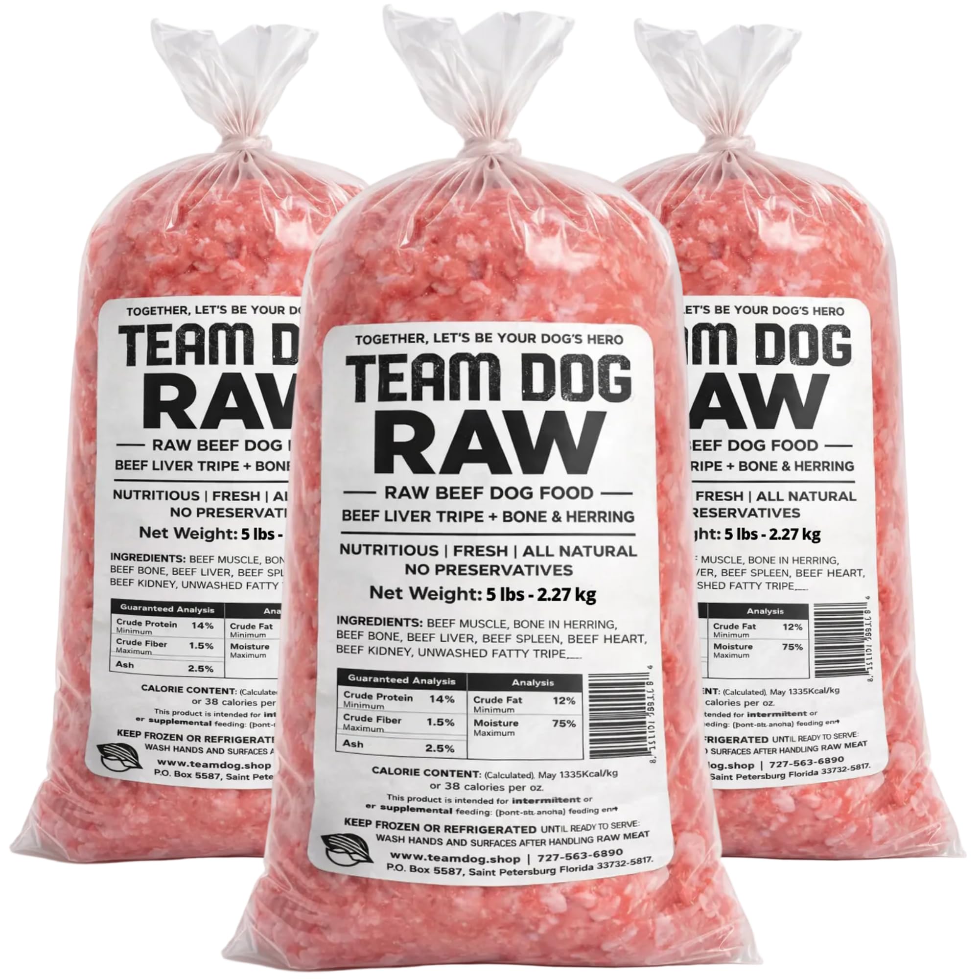 Team Dog Raw Frozen Dog Food | 65% Beef Muscle, Organ Meats, Herring &amp; Green Tripe for Dogs | All Natural Grain Free Dog Food for Optimal Health, Digestion &amp; Coat | 15 x 1 LB Rolls