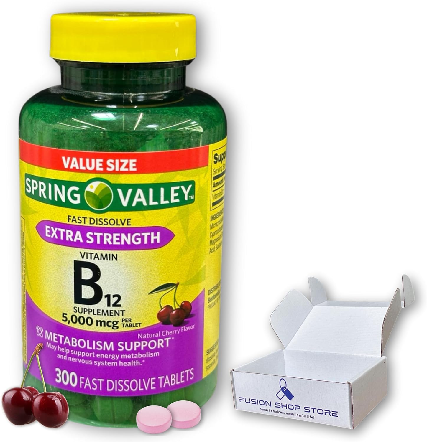 B12 Vitamins 5000mcg- Methylcobalamin Extra Strength Fast Dissolve Tablets Cherry Flavor 300 ct (Pack of 1), Boxed by Fusion Shop Store