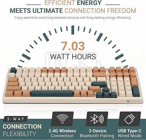 Miniatura 5 de Qisan Teclado mecánico inalámbricocon cable, triple modo 2.4GUSB-CBT teclado inalámbrico para juegos, 100 teclas (98%) diseño de EE. UU.,