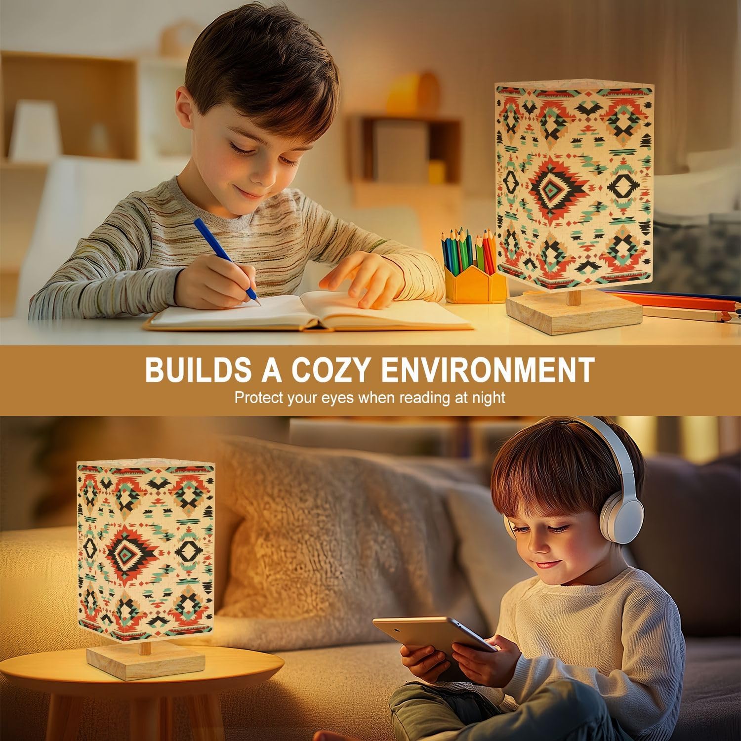 Bedside Table Lamp Native Southwest Aztec Navajo Seamless Pattern Tribal 16-Way Dimmable Small Desk Lamp with Square Flaxen Fabric Shade for Nightstand Bedroom Living Room Home Decor