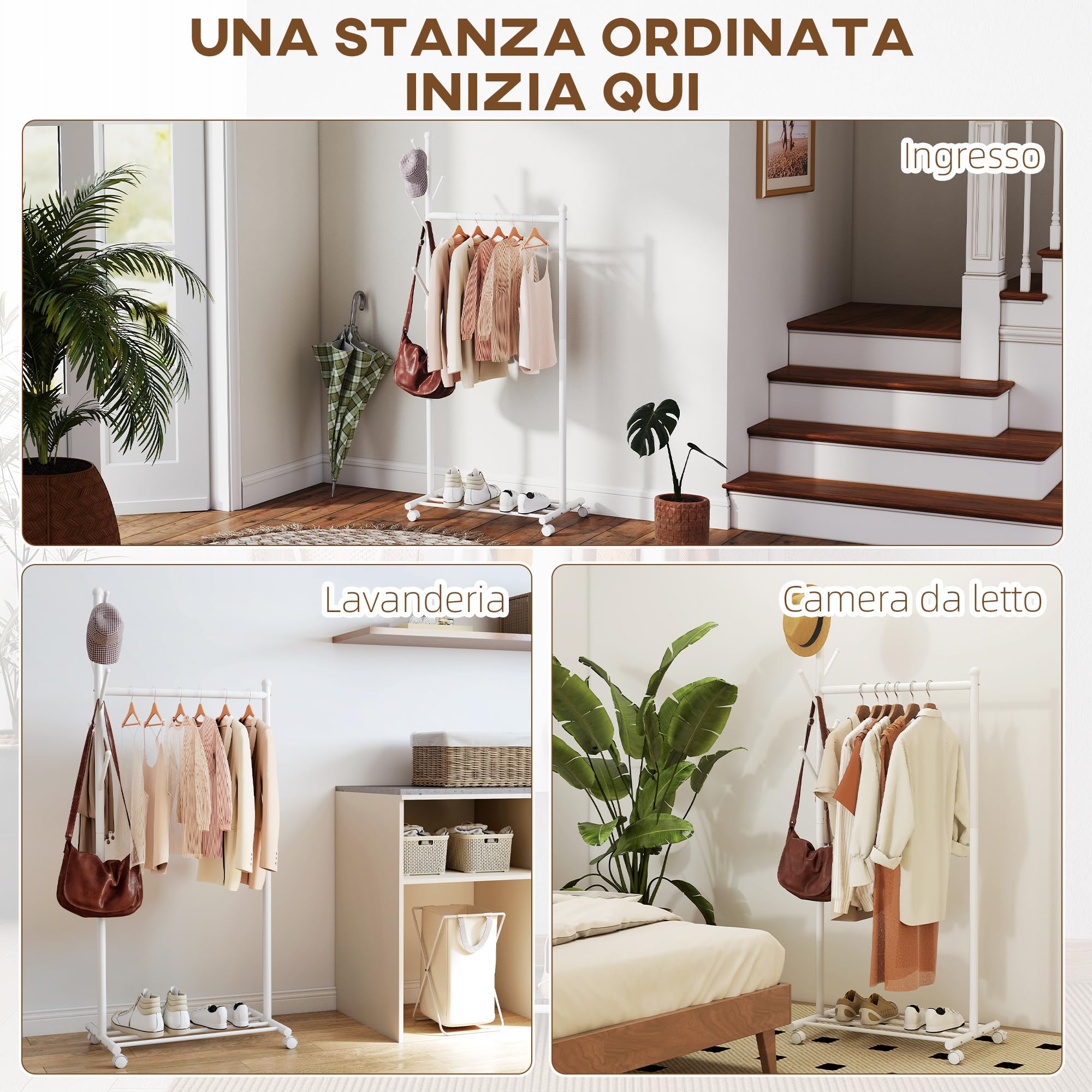 HOMCOM Appendiabiti da Terra con Ruote, Stender per Abiti con 5 Ganci e Ripiano Inferiore Porta Scarpe, per Camera, Ingresso e Corridoio, Bianco