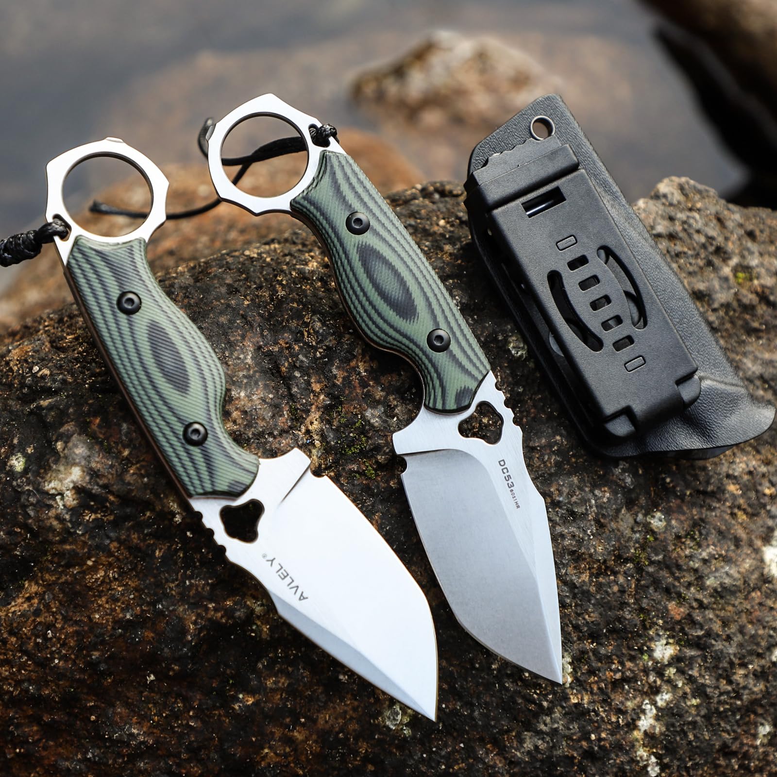 DC53 Stahlmesser mit feststehender Klinge, Outdoor-Überlebensmesser mit feststehender Klinge, mit K-Scheide, rutschfestem G-10-Griff, für Campingausflüge, Dschungel-EDC-Messer (olivgrün)