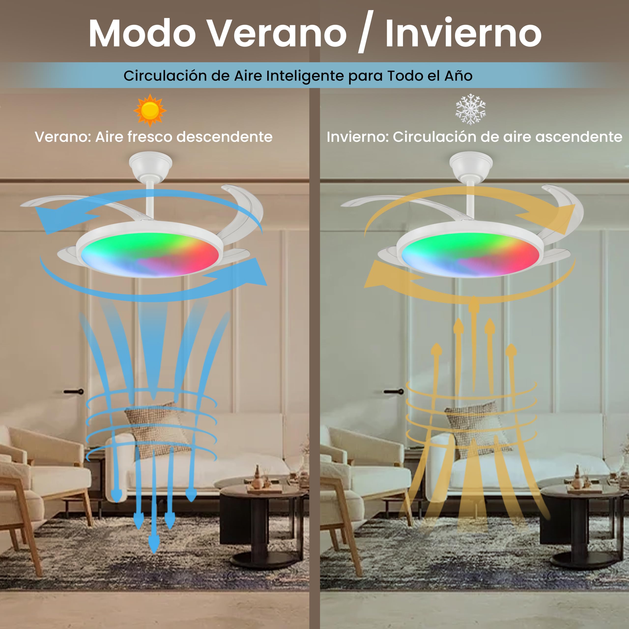 Ventilador de Techo con Luz RGB Retractil | Lampara LED con Aspas Transparantes | Motor DC Ultra Silencioso 30W, 6 Velocidades, Función Verano/Invierno, Temporizador | Para Salón y Dormitorio (92 CM)