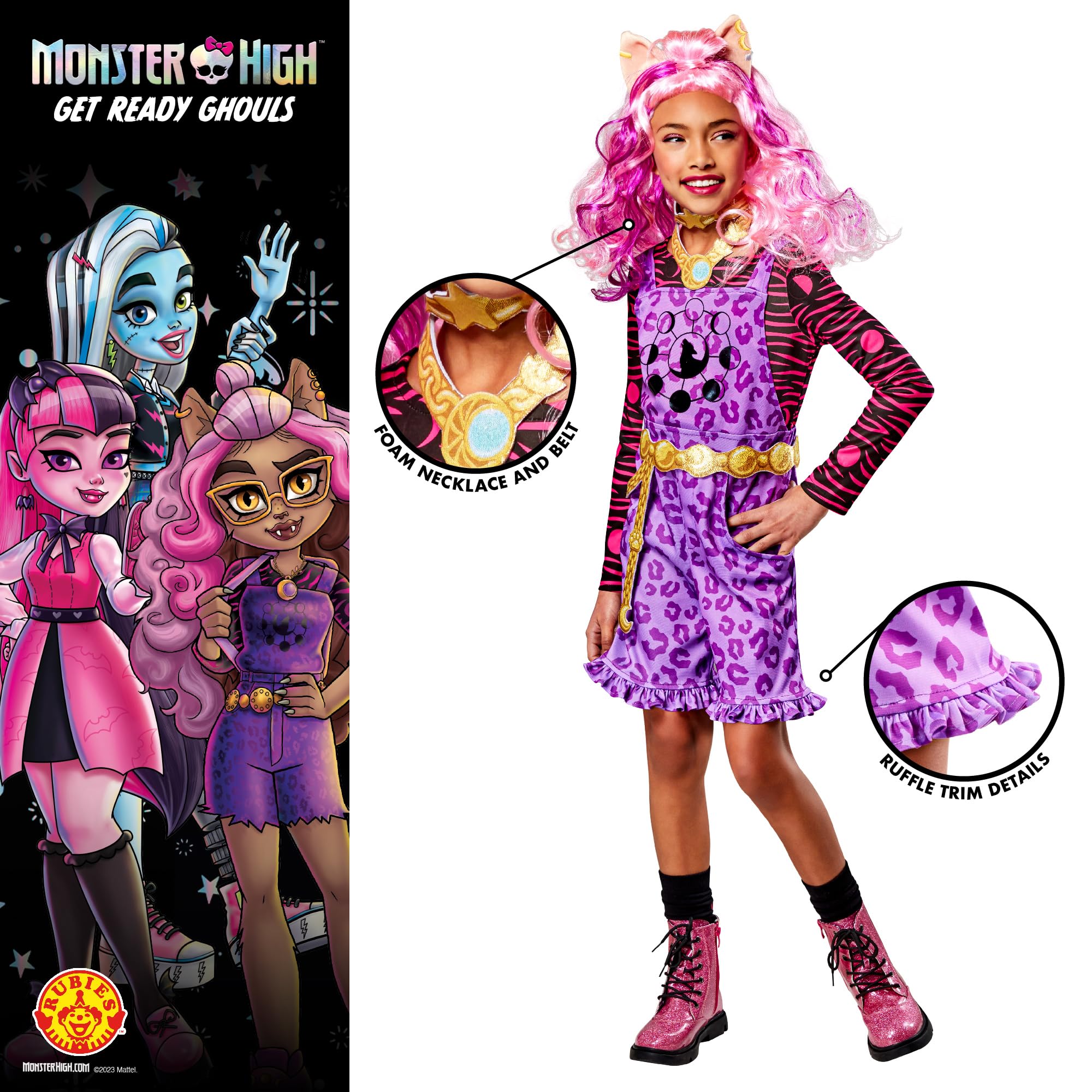 Rubies Disfraz Clawdeen Deluxe para niñas, Jumpsuit, diadema, cinturón y collar. Oficial Monster High, para Carnaval, Navidad, Cumpleaños, Fiestas y Halloween