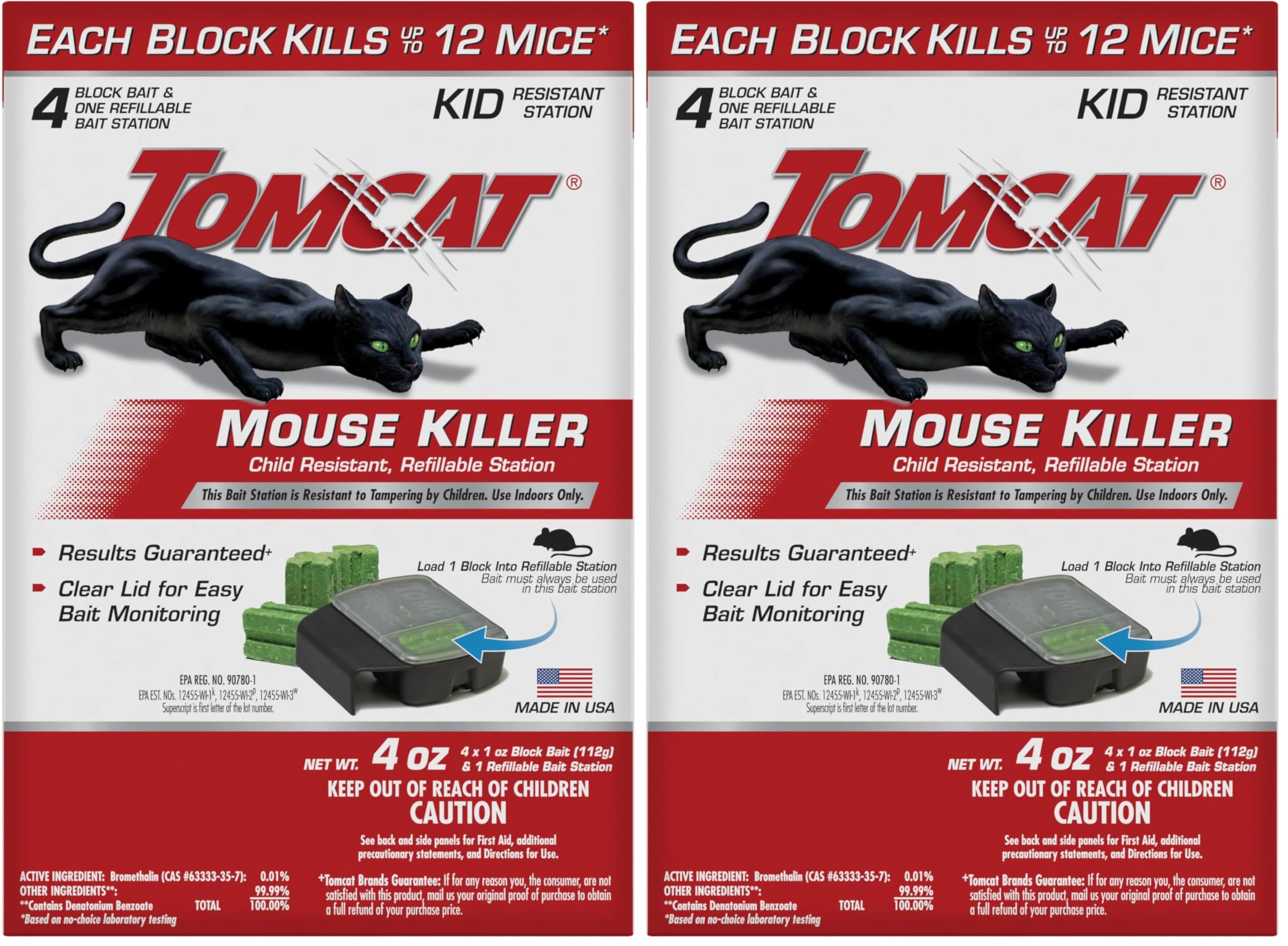 Tomcat Mouse Killer Child Resistant, Refillable Station with Clear Lid for Easy Monitoring, 1 Bait Station and 4 Refills (Pack of 2)