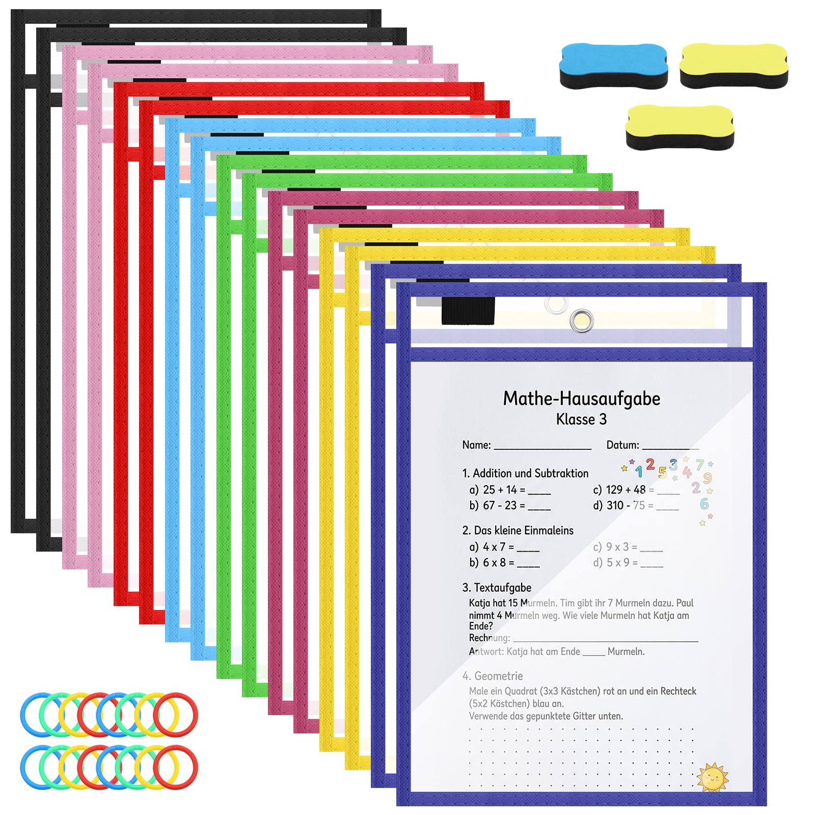 16 Stück Dry Erase Taschen, Abwischbare Durchsichtige Hüllen mit 16 Löschbare Stifte und 3 Radiergummi, A4 Wiederverwendbar Dry Erase Pockets für Schule, Büro, Zuhause
