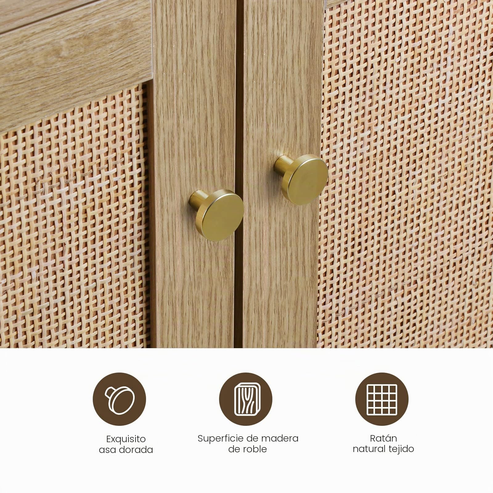 Rattan Aparador de Cocina, Mueble Auxiliar Cocina Madera, Estante Ajustable, Estilo Rústico, para Comedor Salón, Antivuelco, Mueble Almacenaje 80 x 35 x 79 cm