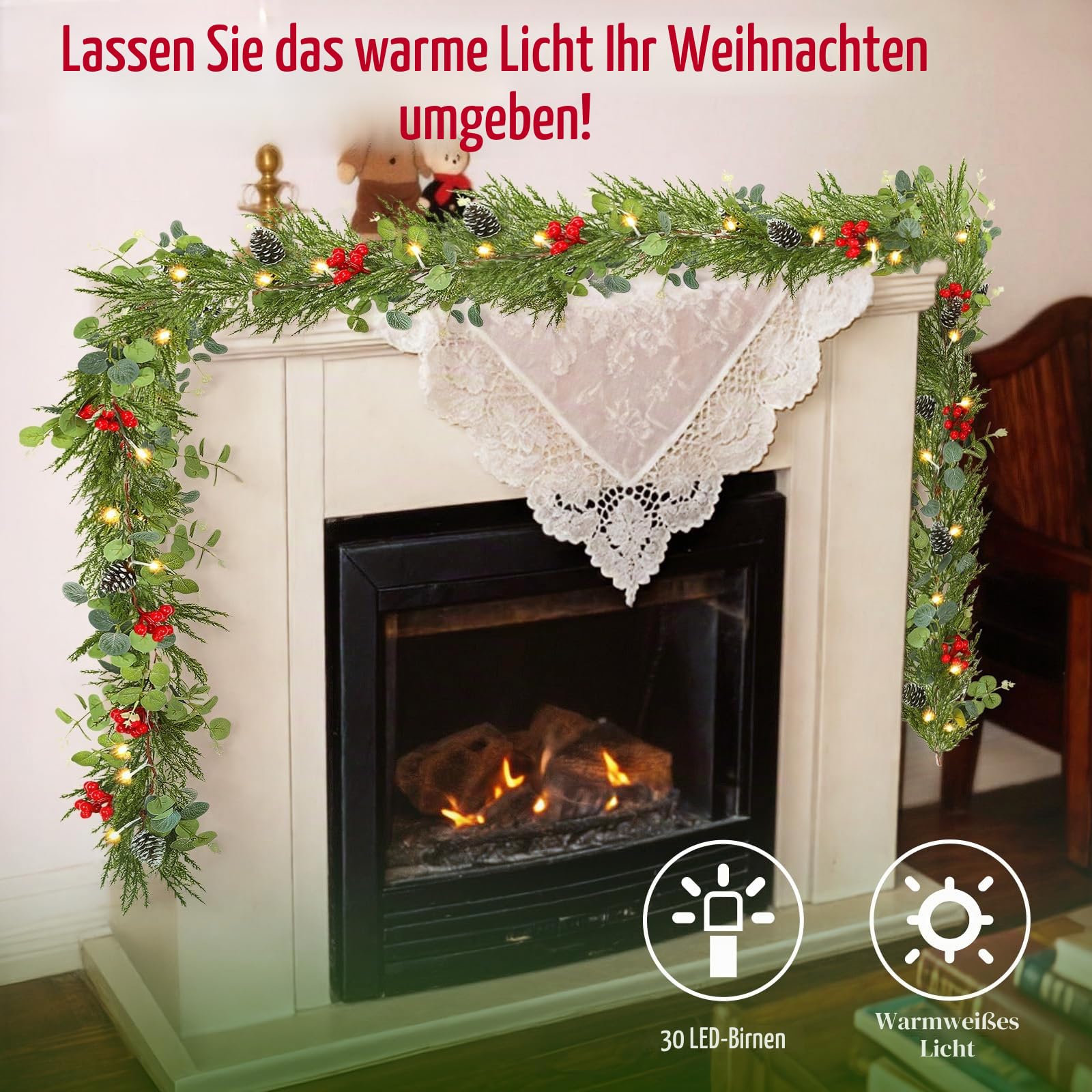 Lewondr Weihnachtsgirlande mit Beleuchtung, 2,7m 30LED Warm Batteriebetrieben Girlande Lichter mit Timer, Weihnachtsdeko Innen für Treppen Geländer Kaminsims, Künstliche Eukalyptus Girlande