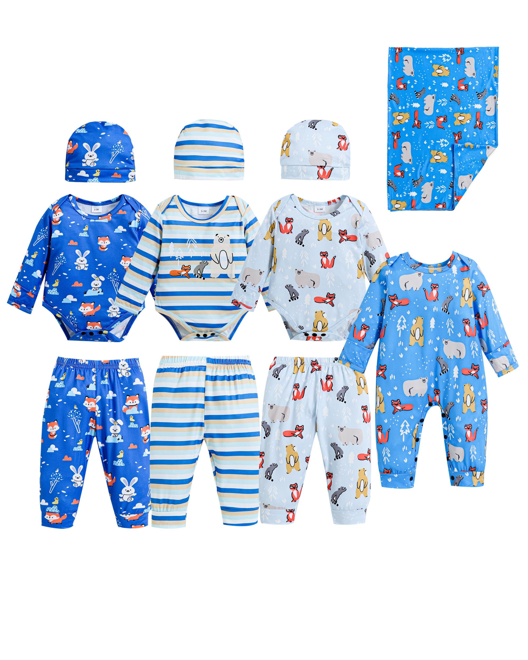 Renotemy Newborn Baby Boy Clothes Essentials 11-Piece Layette Set with Bodysuits Pants Hats Blanket-Infant Unisex Outfit