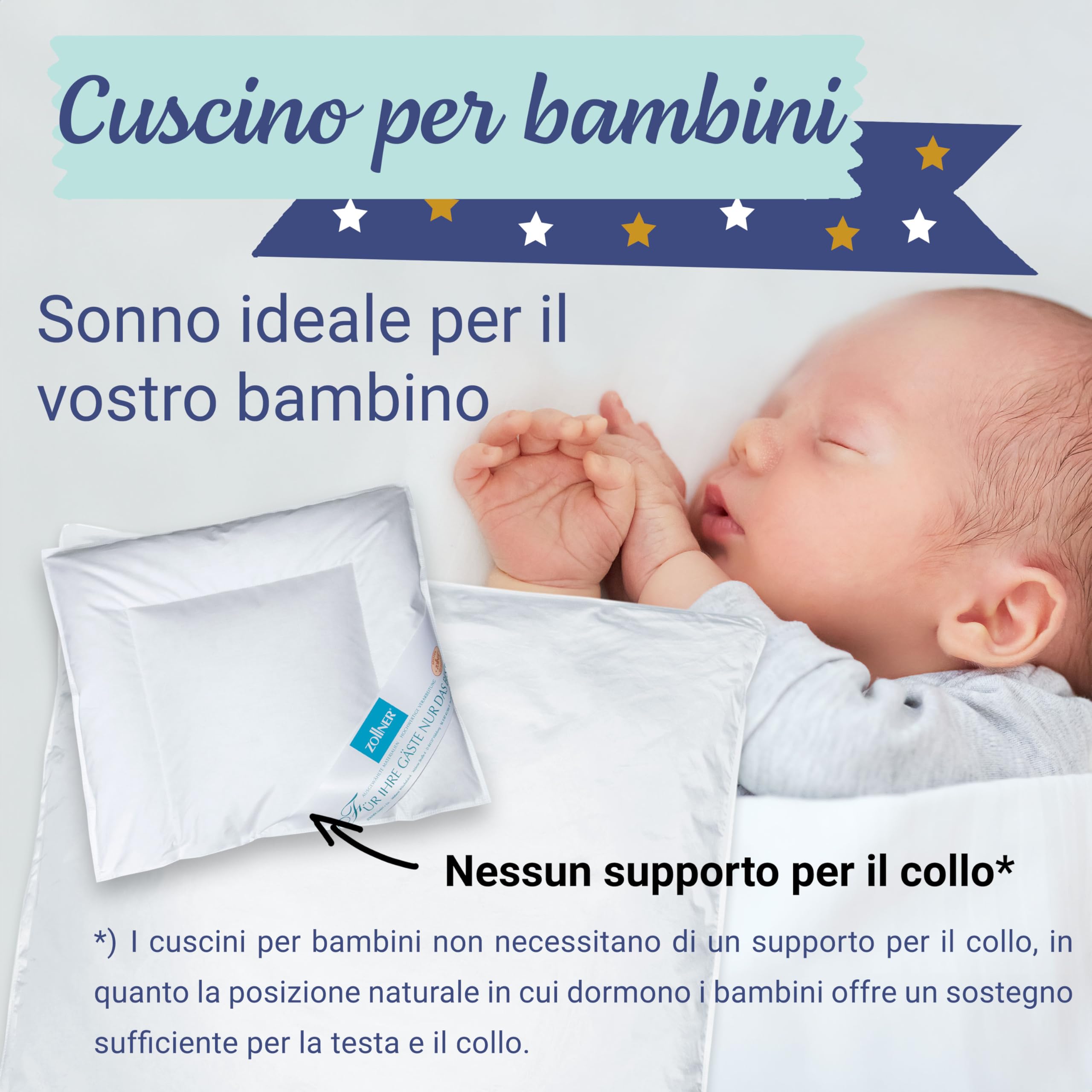 ZOLLNER Cuscino per bambini 35x40 cm - guanciale con 90% piumino e 10% piume - fodera in cotone di alta qualità - Made in Germany - lavabile fino a 60°C - per bambini fino a 2 anni di età