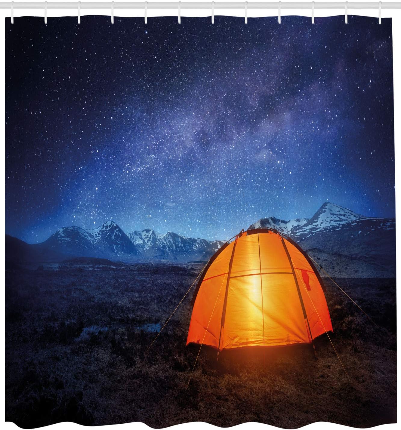 Ambesonne Night Shower Curtain, Camping Tent Under a Night Sky Full of Stars Holiday Adventure Exploring Outdoors, Cloth Fabric Bathroom Decor Set with Hooks, 69" W x 84" L, Blue Orange