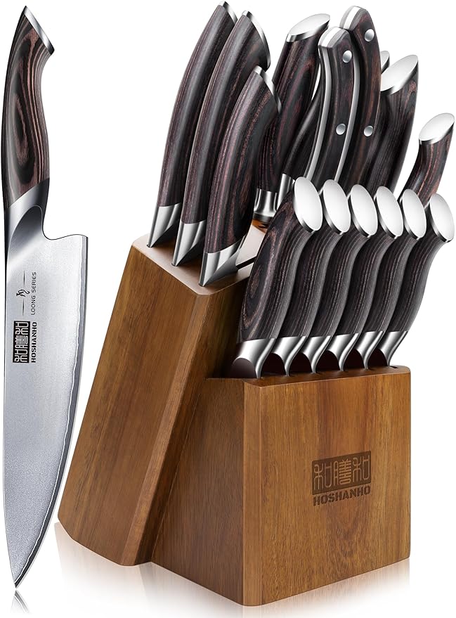 HOSHANHO Juego de Cuchillos de Cocina de 16 Piezas, Juego de Cuchillos de Chef de Japoneses Super Steel, Juegos de Cuchillos con Bloque Profesional Ultra Afilado con Tijeras