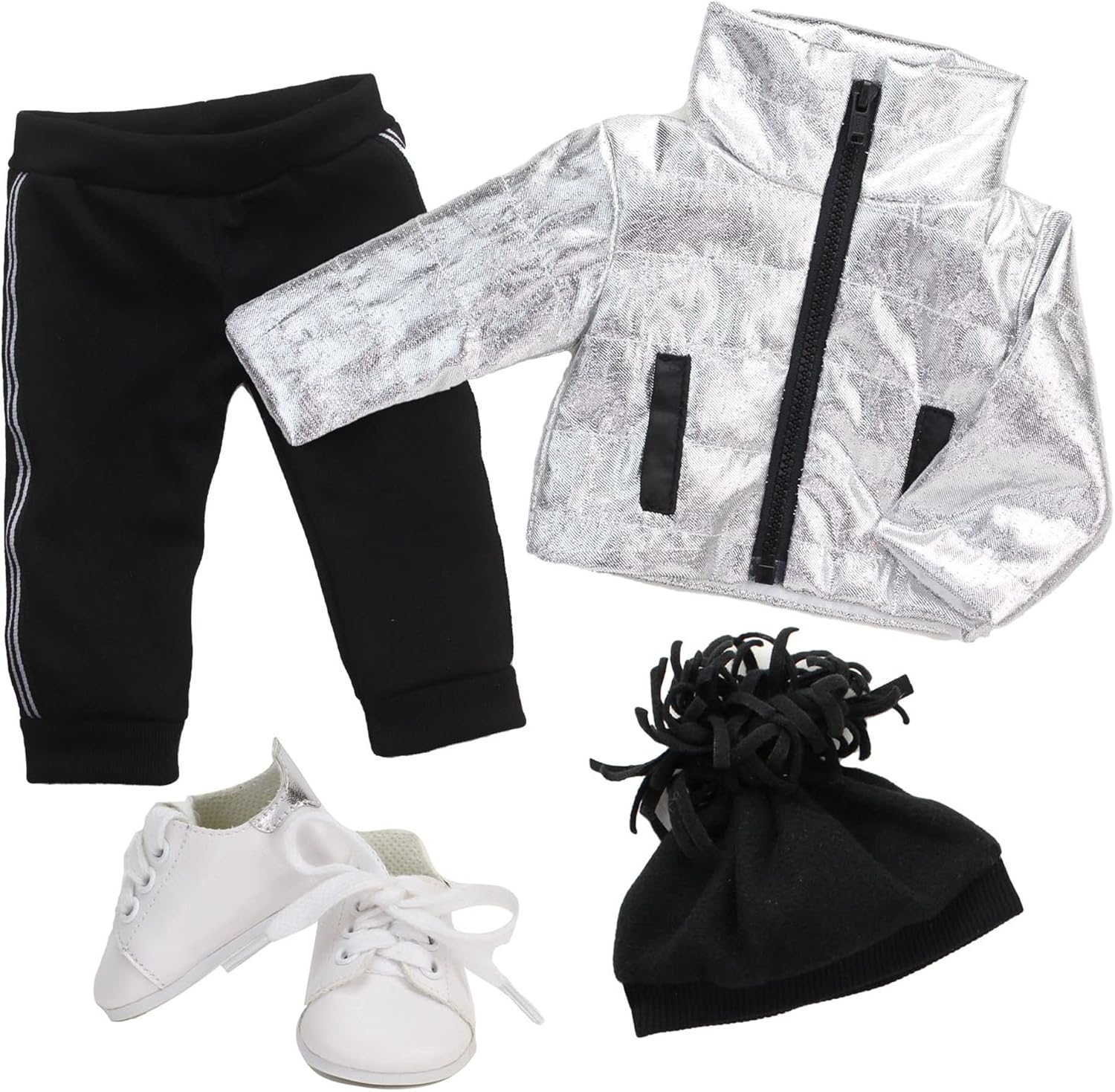 Sophia's 18" Doll Silver Metallic Jacket, Black Side Stripe Joggers, Knit Hat & Sneakers