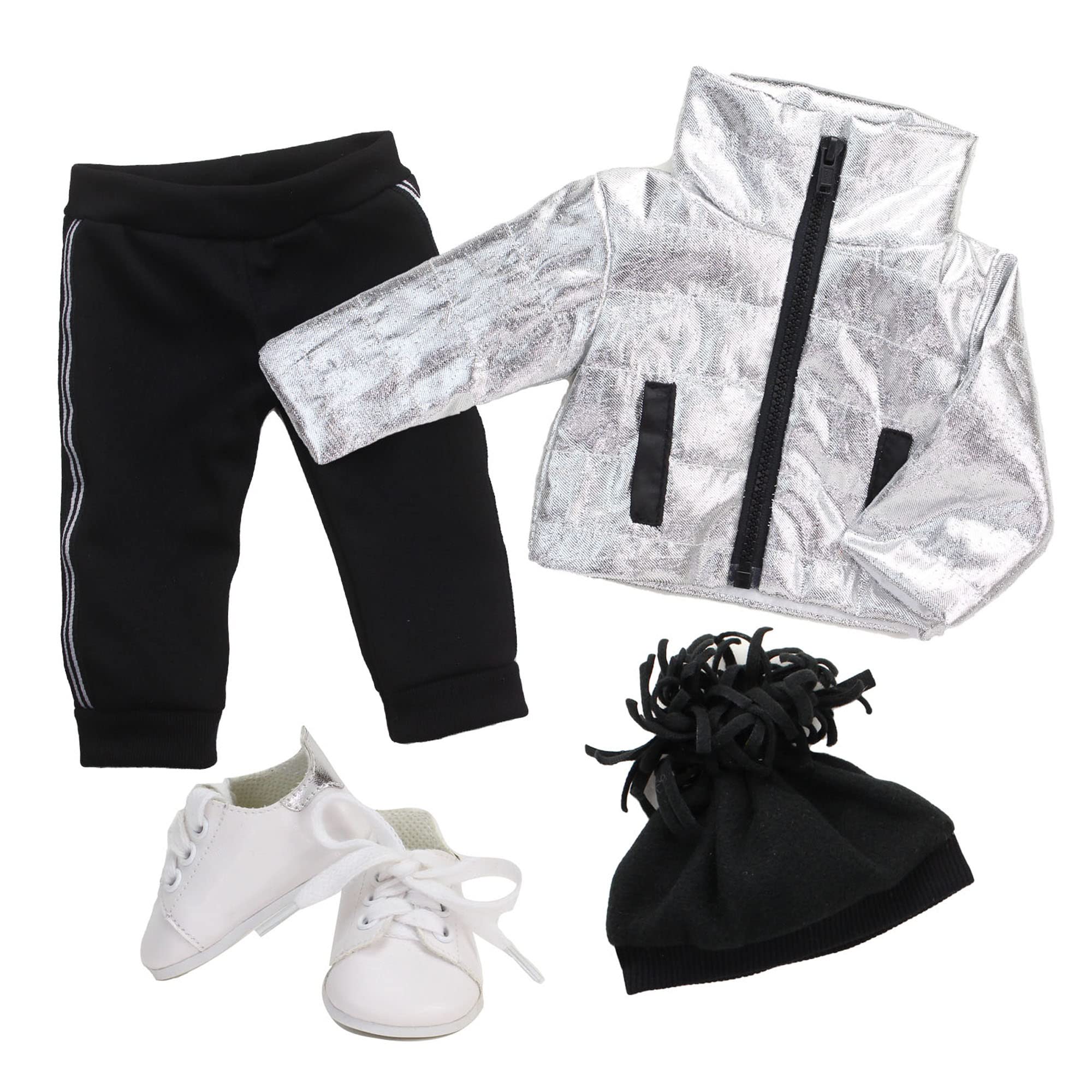 Sophia's 18" Doll Silver Metallic Jacket, Black Side Stripe Joggers, Knit Hat & Sneakers