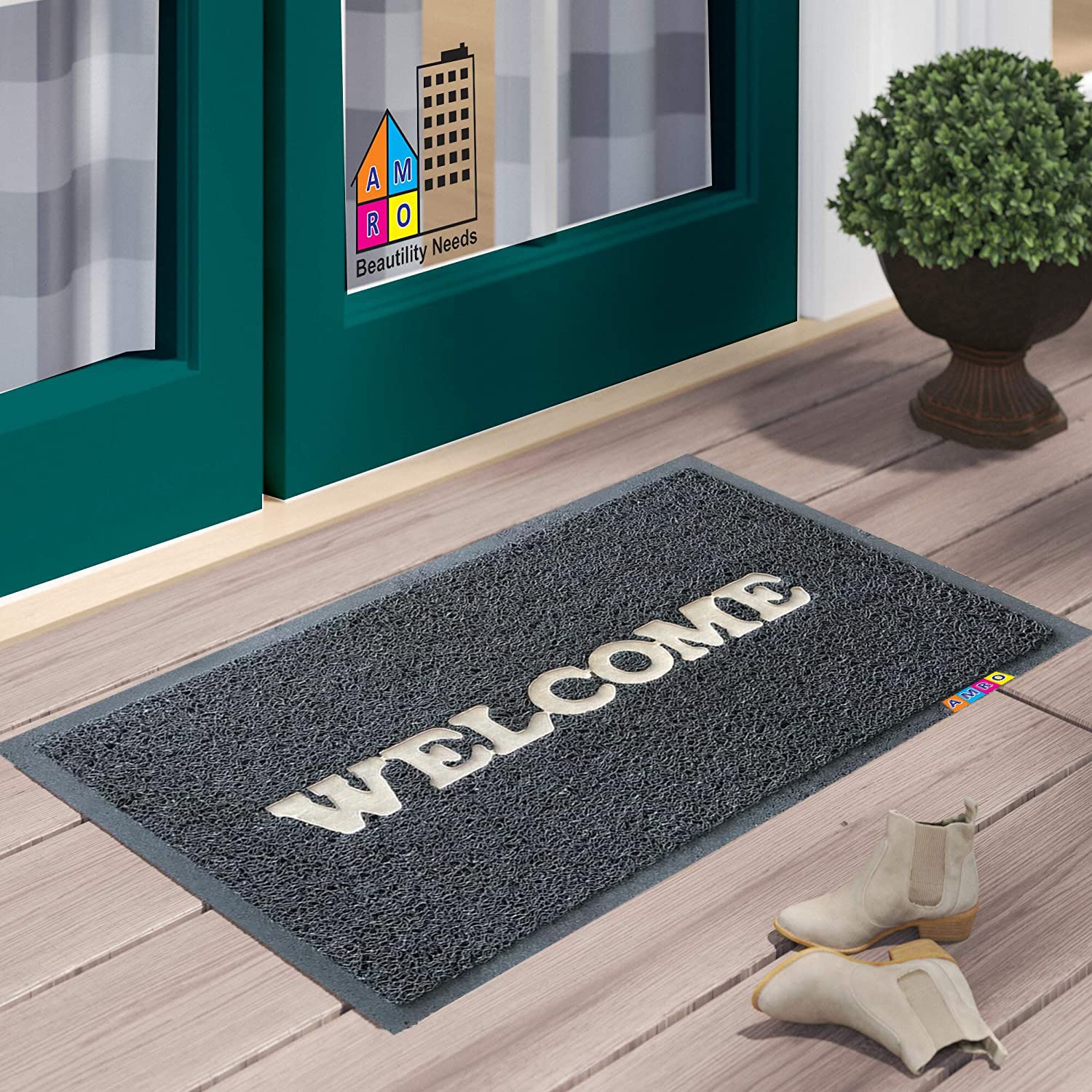 Amro PVC Anti Skid Door Mat Welcome Mat Heavy Duty Waterproof Easy Clean for Entry Floor Mat Dust&Dirt Removal-Must for Home,Office,School,Hotel,Restaurant or Any Outdoor and More(Grey) 15x23 in-image-9