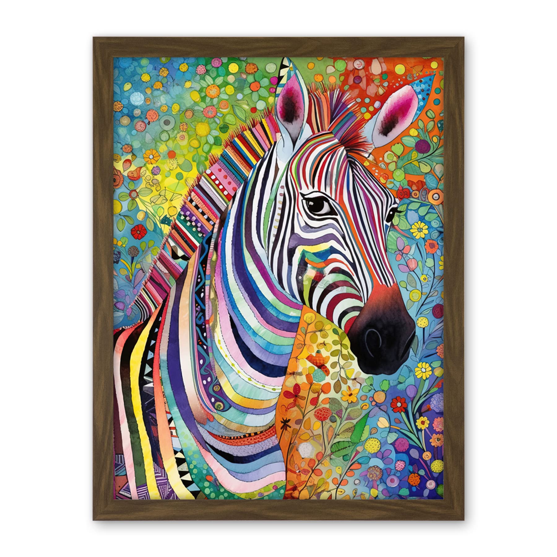 Artery8 Folk Art Zebra Colourful Flower Boho Artwork Framed Wall Art Print 18X24 Inch