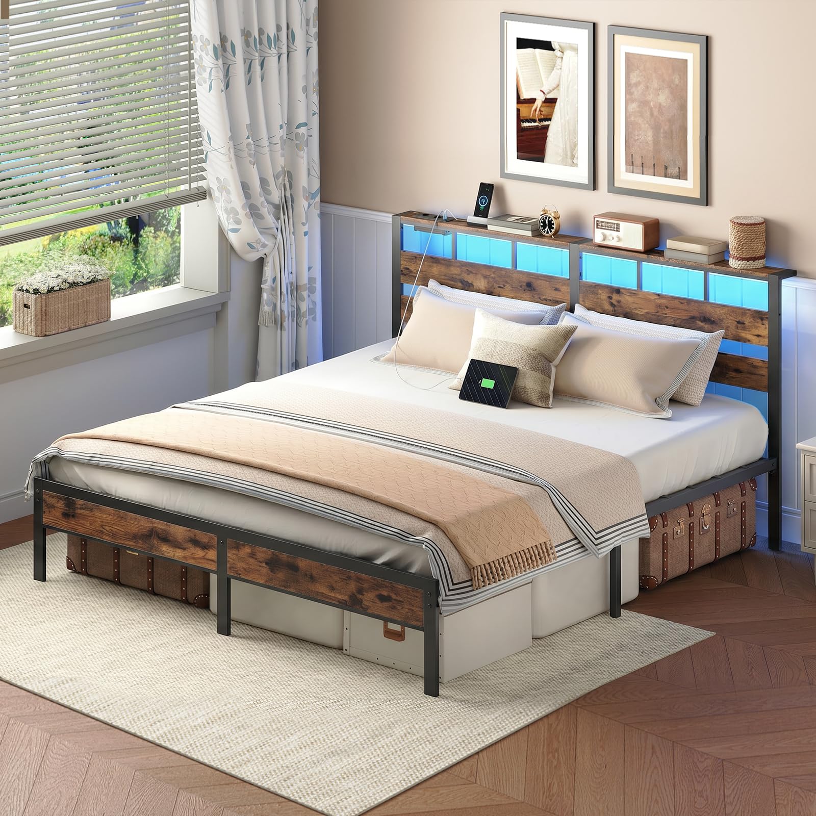 HOOBRO Lit 180 x 200 cm avec Sommier Métal, LED, Multiprise et Espace de Rangement, 2AC, 2USB-A, Lit Deux Personnes avec Cadre de Chevet, pour Chambre, Marron Rustique et Noir EBF80CDBF01