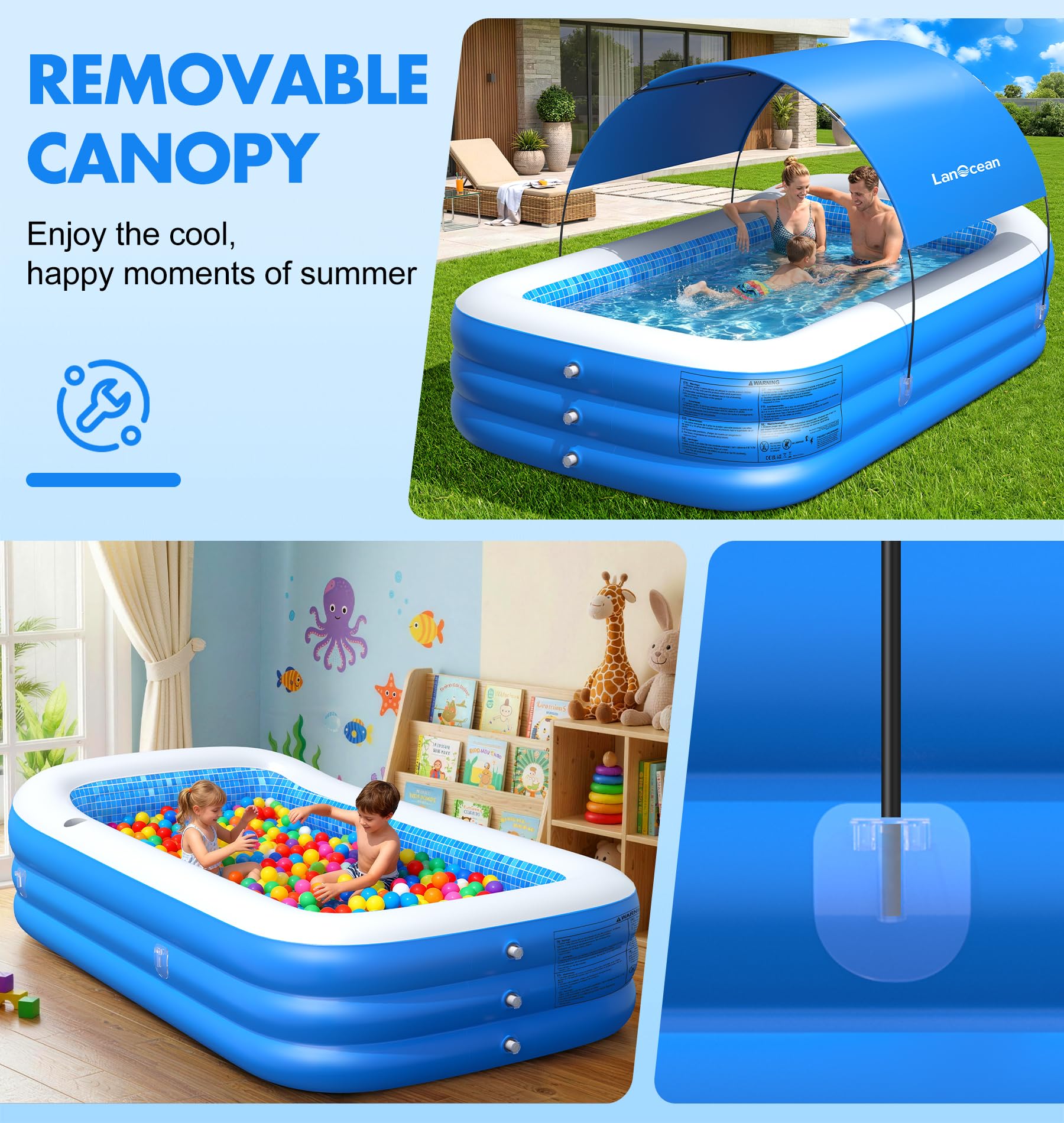 LanOcean Piscina Hinchable Adultos con Sombrilla, 280*160*50cm Piscinas Hinchables Grandes, 0,53mm Rectangular Piscina Hinchable infantil con Asiento y Portavasos, Piscinas Hinchables Familiar Jardin