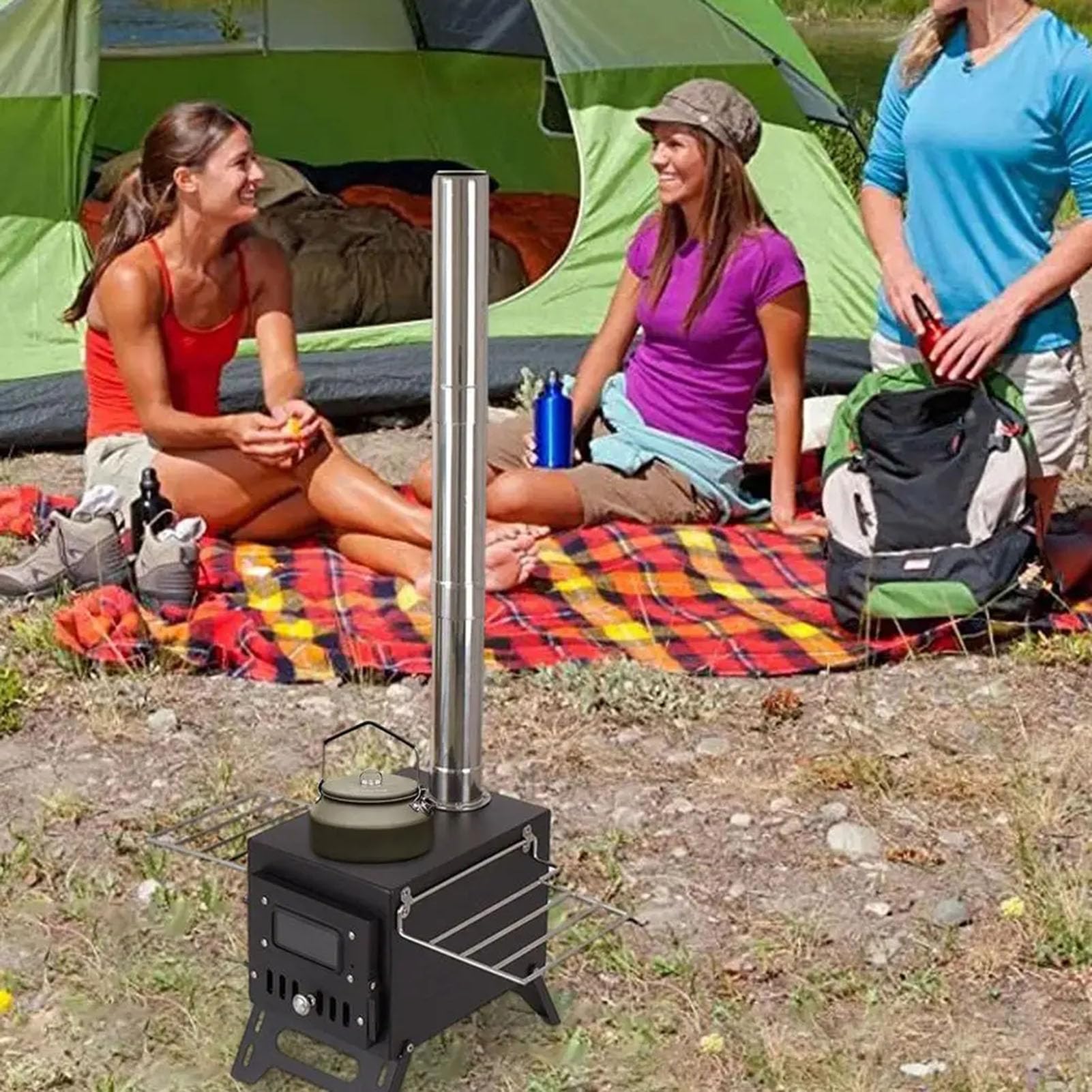 Estufa de leña para tienda de campaña, estufa de leña portátil para tienda de campaña caliente con tubo de chimenea a prueba de viento, estufa de cocina al aire libre para acampar, cazar, pescar