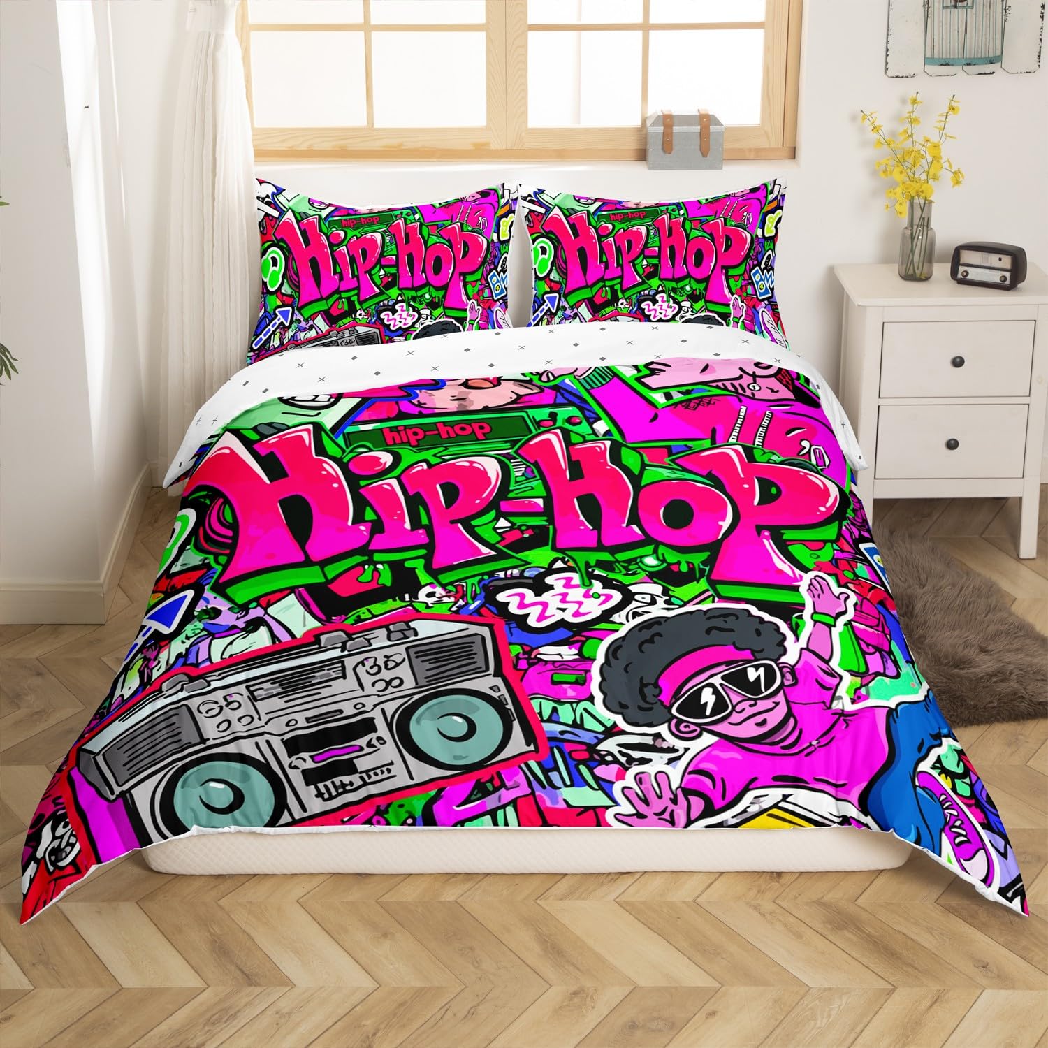 Homemissing Hippie Graffiti Style Duvet Cover Set King Size For Kids Boys Teens Graffiti Graphic Bedding Set Hip Hop Decor Comforter Cover with 2 Pillowcases Street Culture Bed Sets,Zipper Closure — image 1