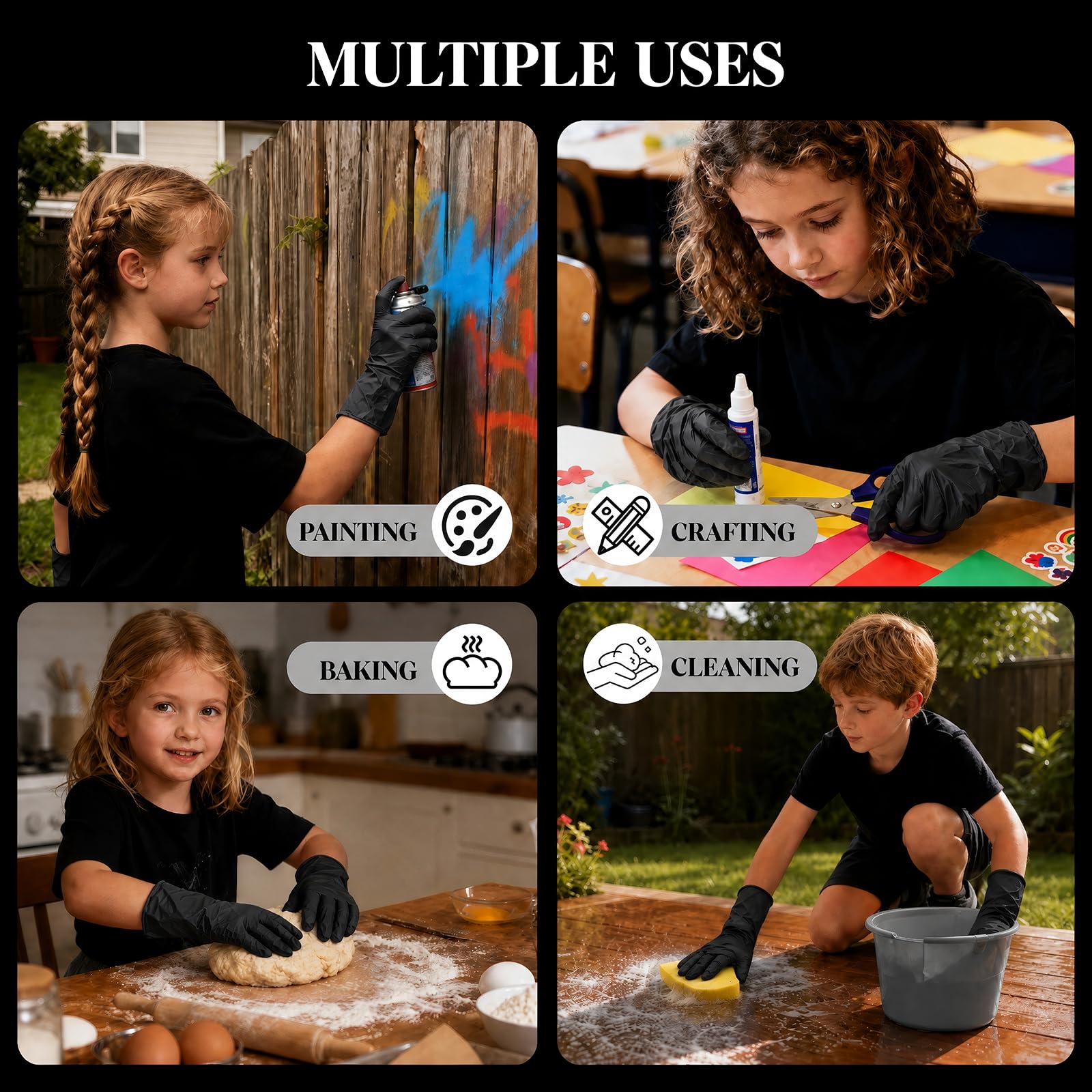 Guanti in nitrile per bambini dai 6 ai 10 anni, guanti monouso neri da 5 mila per lavoro, pulizia, cucina, giardinaggio, vernice, senza lattice e senza polvere (S,50 pezzi)