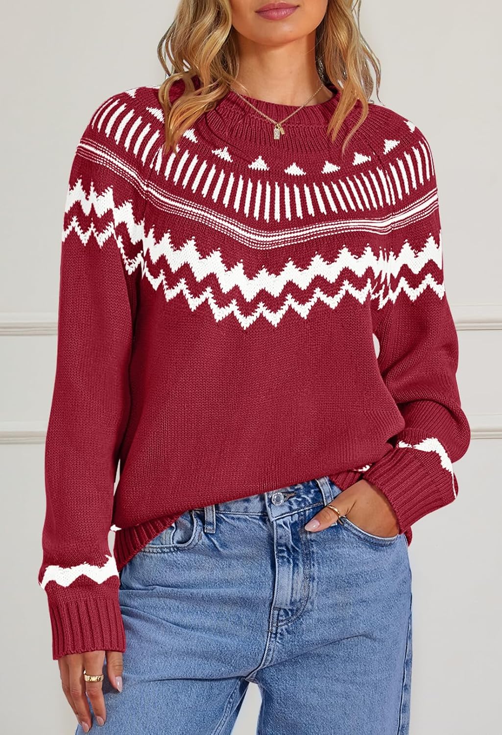 MEROKEETY Women's 2026 Fall Winter Fair Isle Argyle Pullover Sweater Striped Crew Neck Long Sleeve Vintage Knit Tops - Image 2