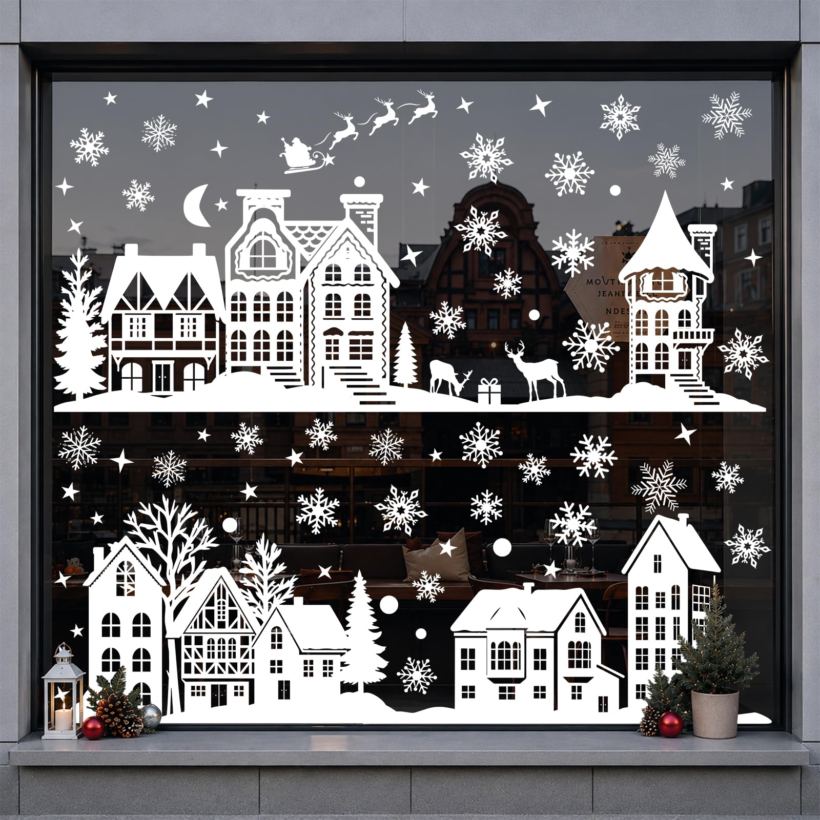 Sevenpers 113Pcs Christmas Window Stickers Christmas Village Snowflakes