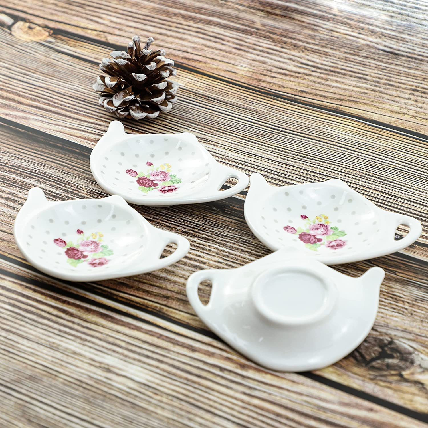 SOCOSY Vintage Flower Porcelain Tea Bag Holder Teapot Shaped Tea Bag Coaster, Little Spoon Rest Tea Accessories Resting Caddy Seasoning Dish for Sauce Dessert, 4 Inch-Fresh Flowers-10 PCS