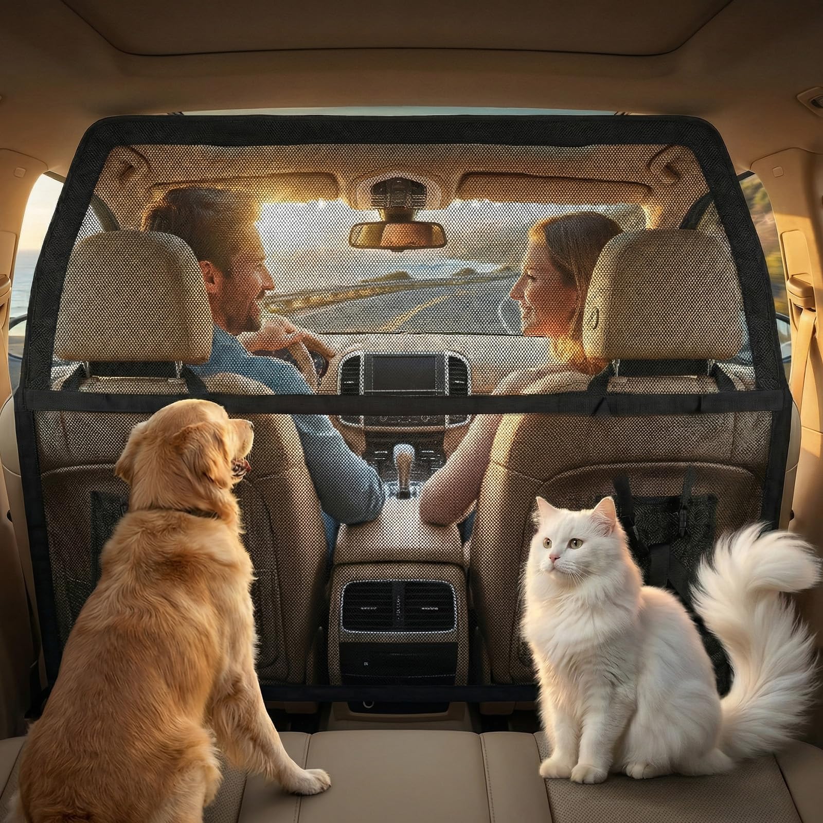 Rejilla para perros para asiento trasero y maletero, 107 x 127 cm, rejilla separadora para coche con red transparente reforzada y marco de metal estable, barrera de separación para perros, ajuste