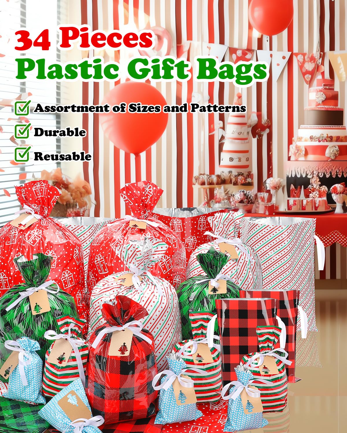 Bolsas de regalo de Navidad de varios tamaños, 34 bolsas de Navidad para regalos, bolsas de regalo de Navidad pequeñas/medianas/grandes/extragrandes con lazos de cinta, bolsa de regalo reutilizable de