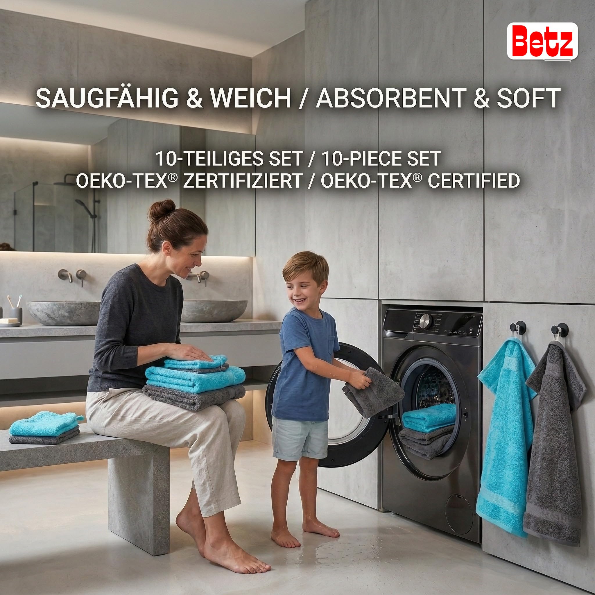 Betz set di 10 asciugamani Premium 100% cotone 2 teli doccia 4 asciugamani 2 asciugamani per ospiti 2 guanti da bagno colore turchese e antracide