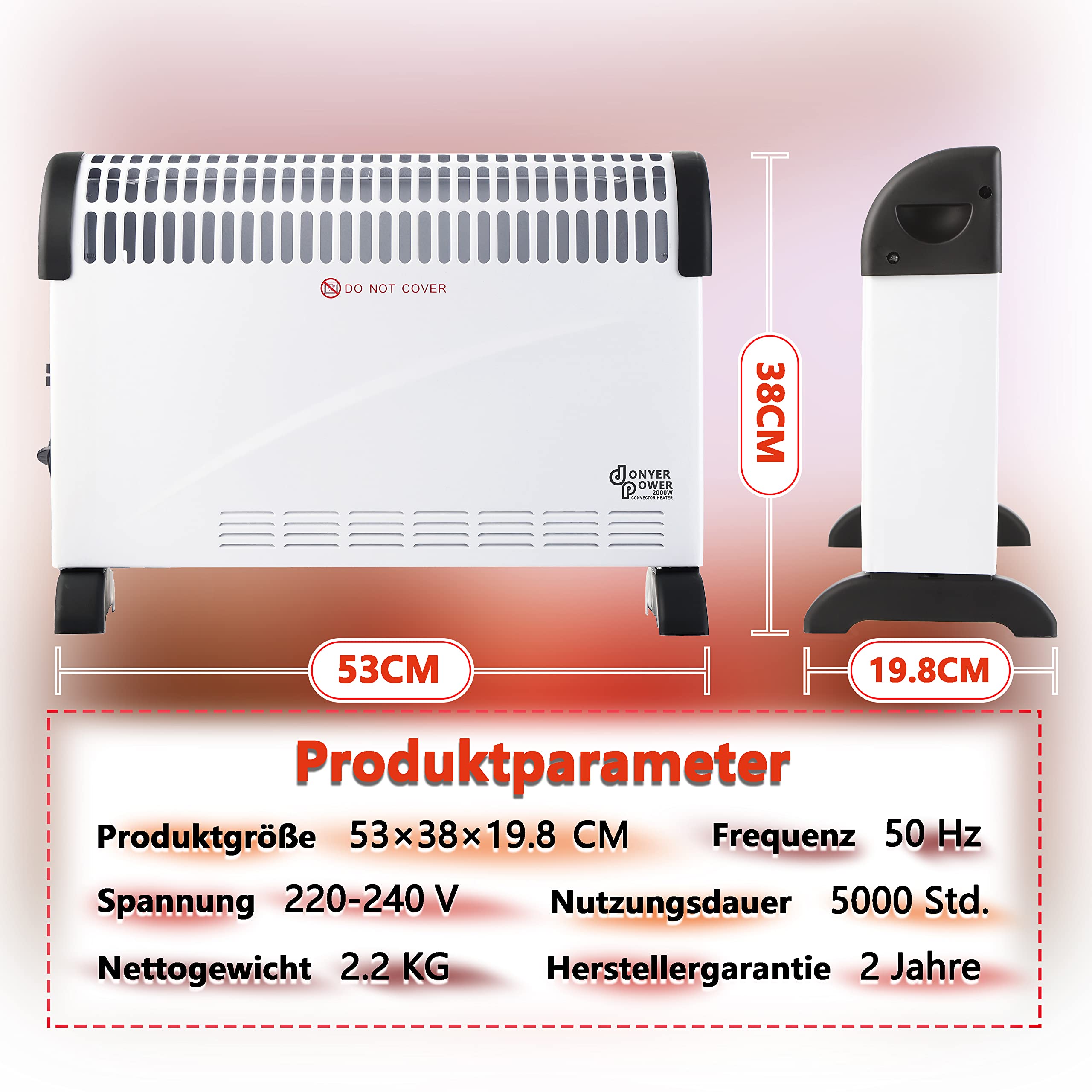 DONYER POWER 2KW Konvektor mit Thermostat – Leise – Wandmontage | 3 Heizstufen (750W/1250W/2000W) – Leiser Betrieb – Stand- & Wandmontage – Sofort einsatzbereit