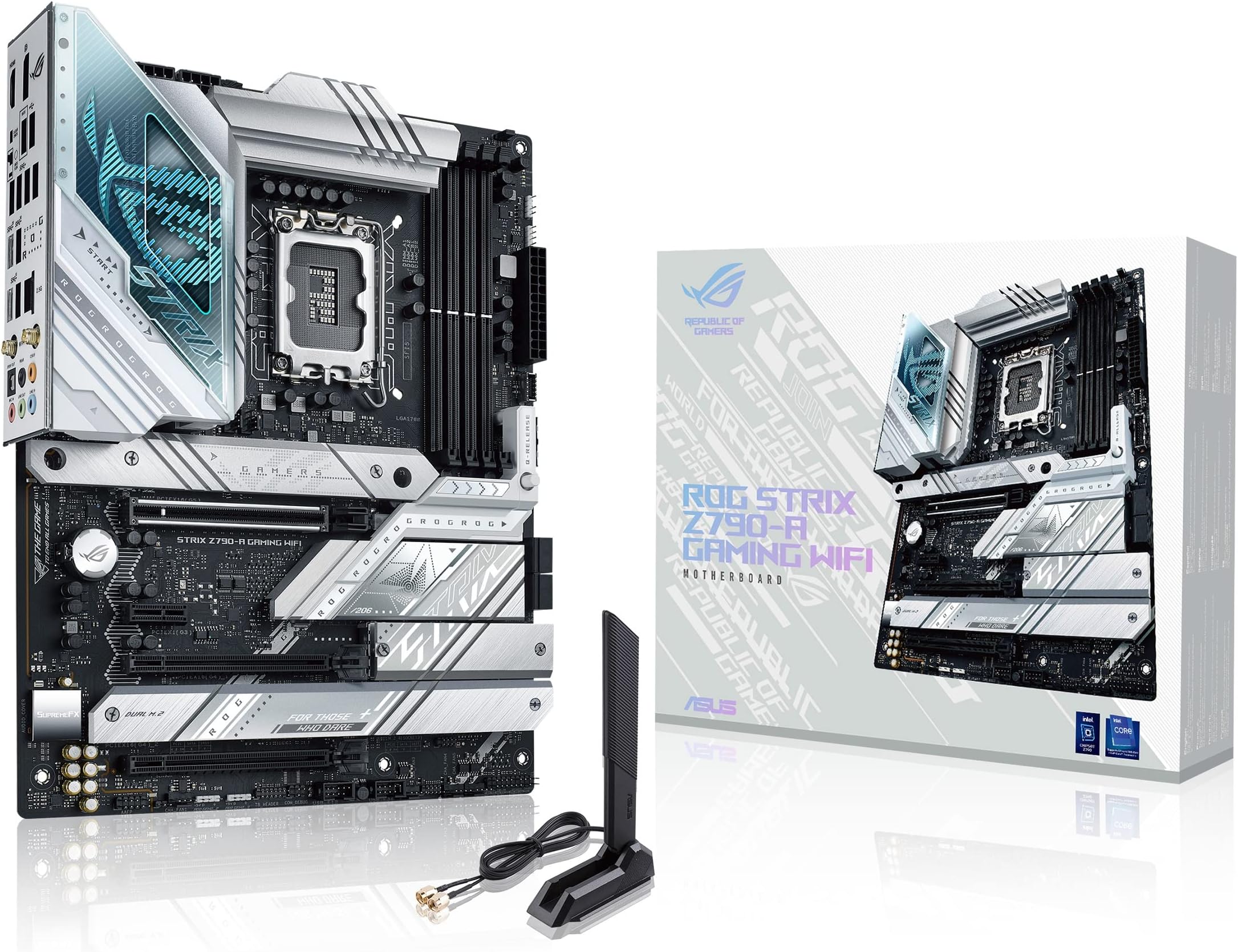 ASUS ROG Strix Z790 A Gaming WiFi D4, Intel Z790 LGA 1700 ATX motherboard, 16 + 1 power stages, DDR4, four M.2 slots, PCIe 5.0, WiFi 6E, USB 3.2 Gen 2x2 Type C with PD 3.0 up to 30W, Aura Sync RGB