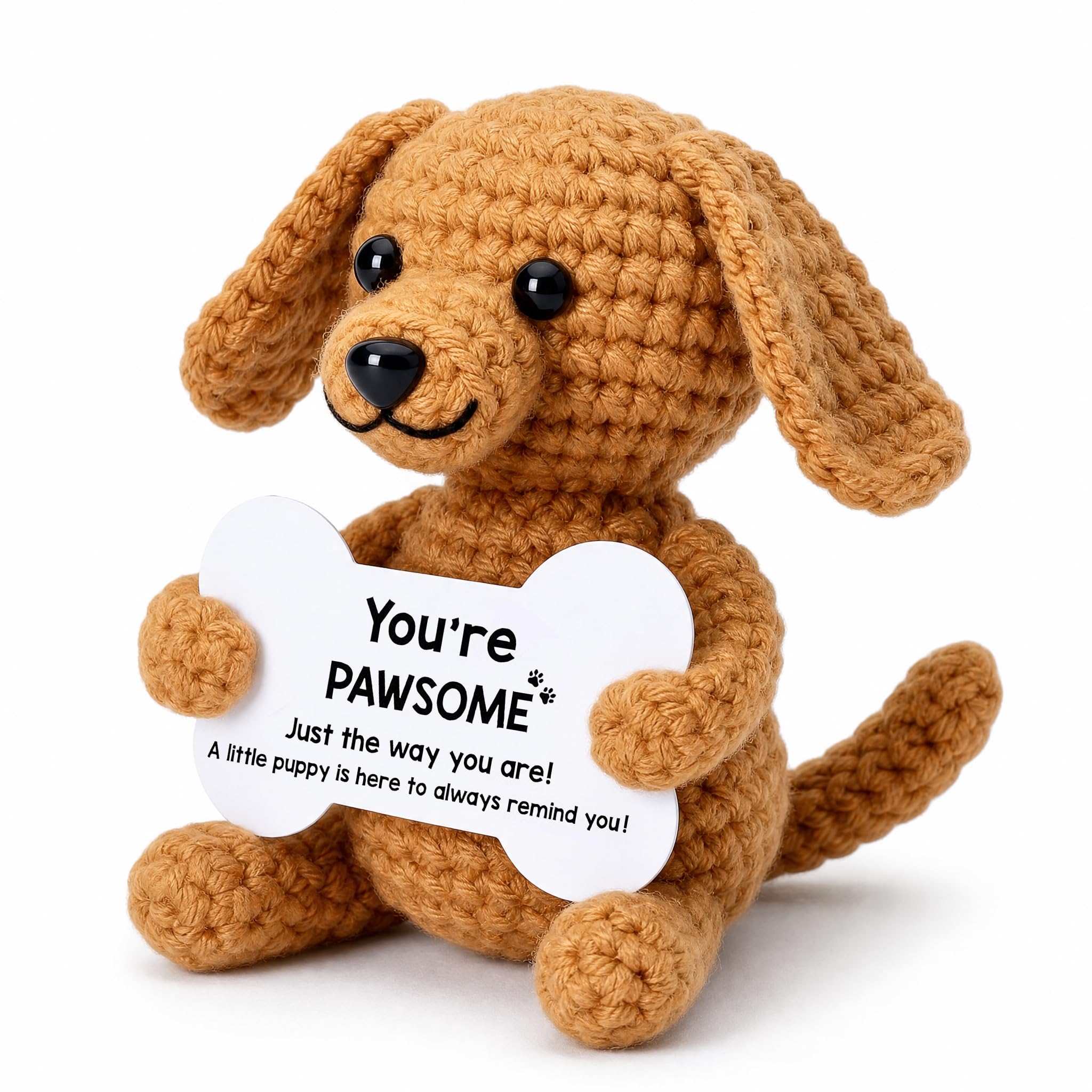 Xiansini Dog Plush Emotional Support Crochet Puppy Gift with Positive Message Card, Handmade Knitted Puppy Doll for Dog Lovers Women Men, Cute Motivational Plushie for Birthday Home Office Desk Decor