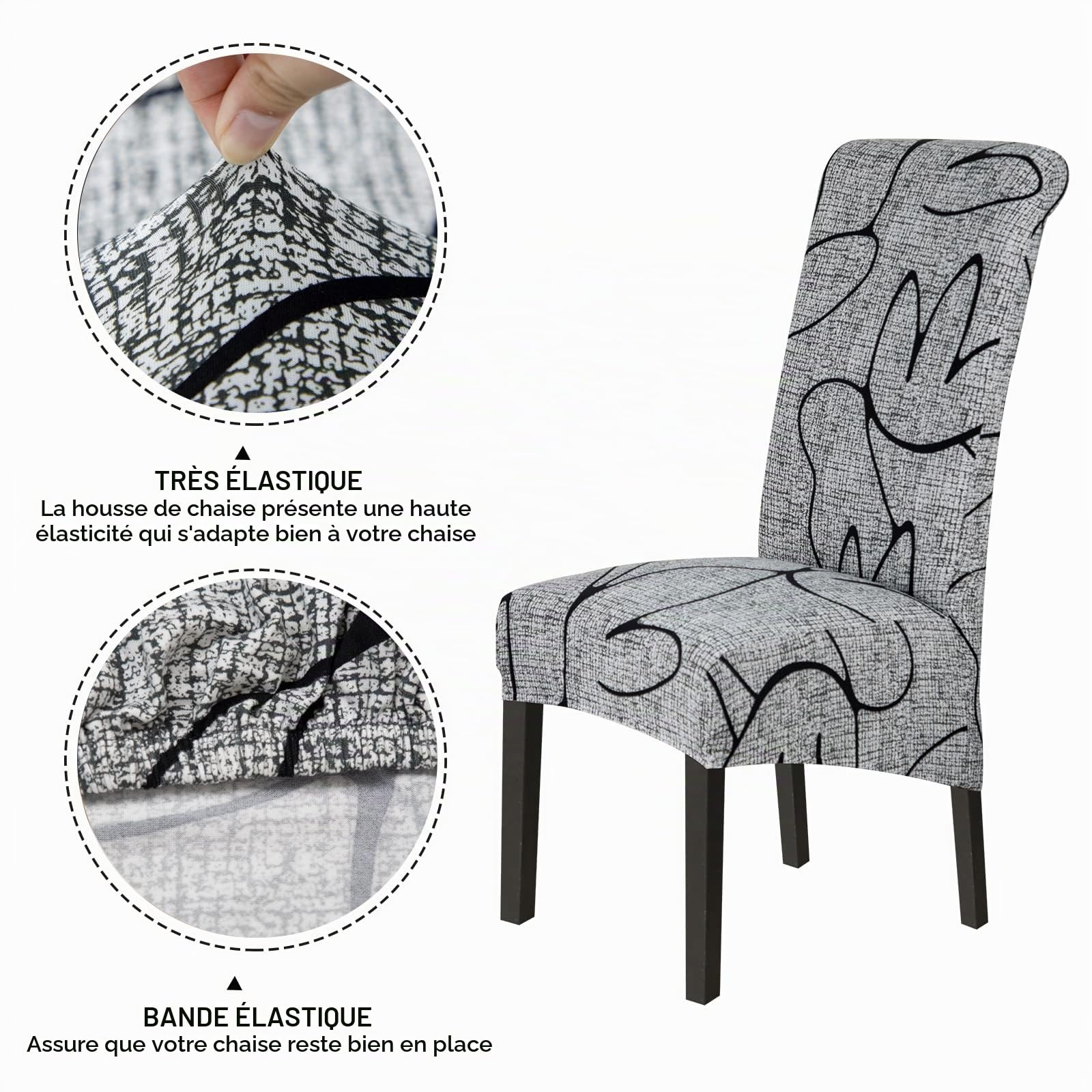 Jaotto Housse de Chaise de Salle à Manger XL,Housse de Chaise Extensible Lot de 6,Couverture de Chaise Grande Universelle Lavable,Facile à Nettoyer pour Décor Salle à Manger Salon(Style Gris,6 Pièces)