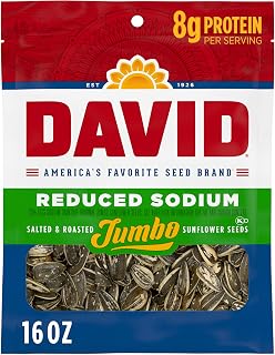 DAVID Reduced Sodium Jumbo Sunflower Seeds, Original Roasted & Salted, 16 oz Bag - 25% Less Sodium, Gluten-Free Snack